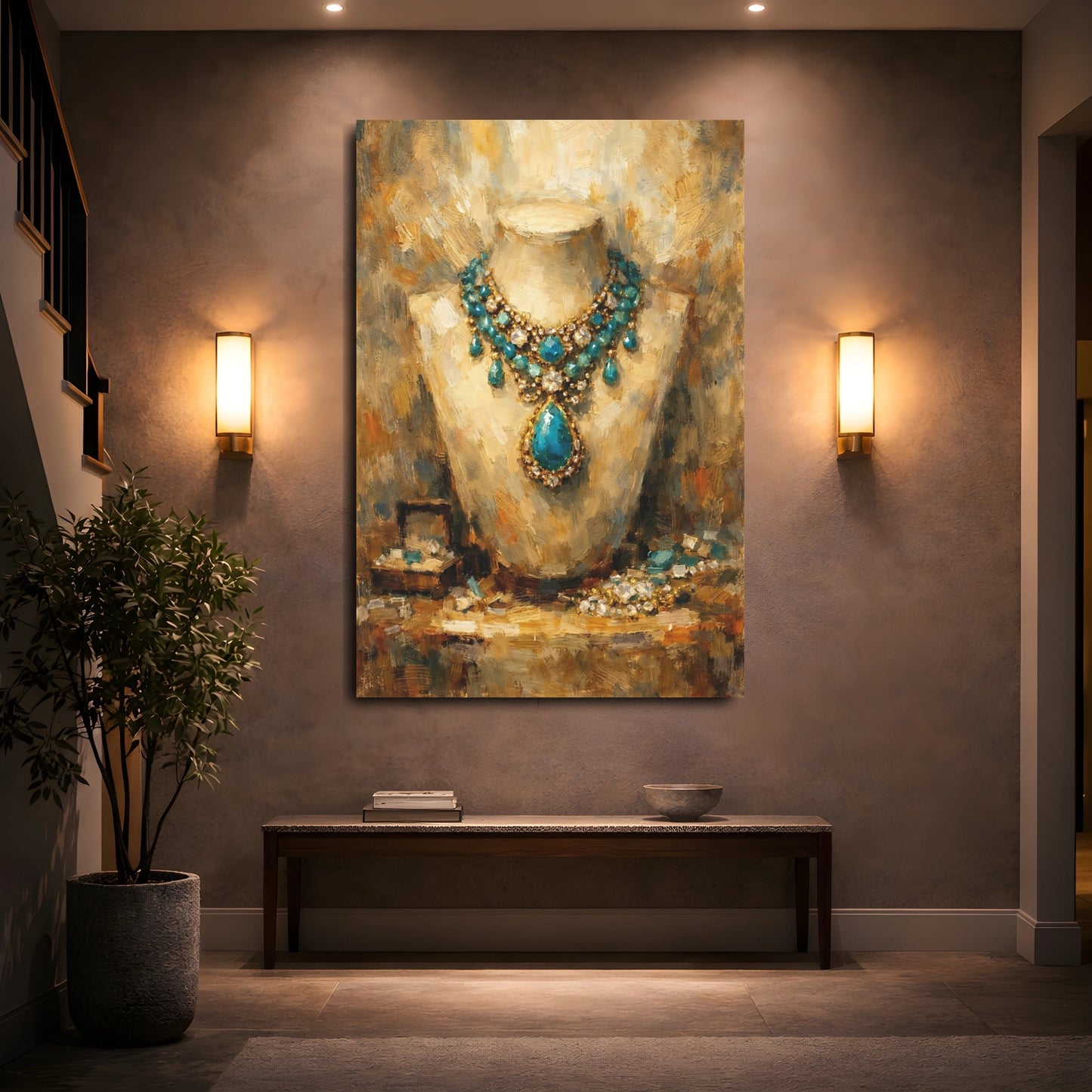Mockup 4. Vintage Gemstone Necklace Blue Gold Jewelry shown as stretched canvas wall art