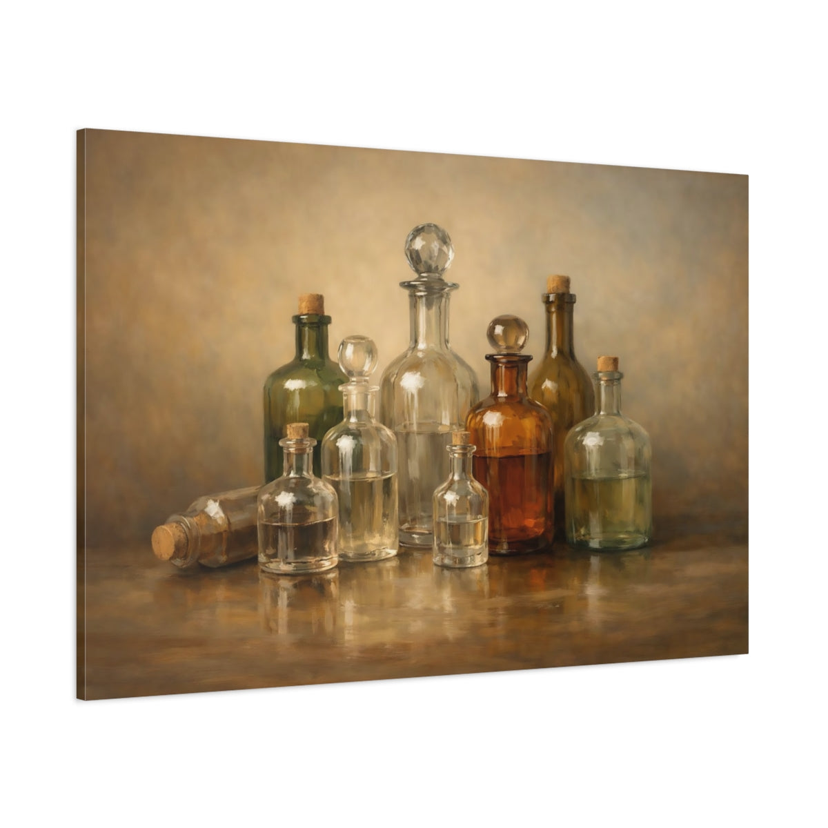 Main Mockup. Vintage Glass Bottles Brown And Gold Bottles shown as stretched canvas wall art