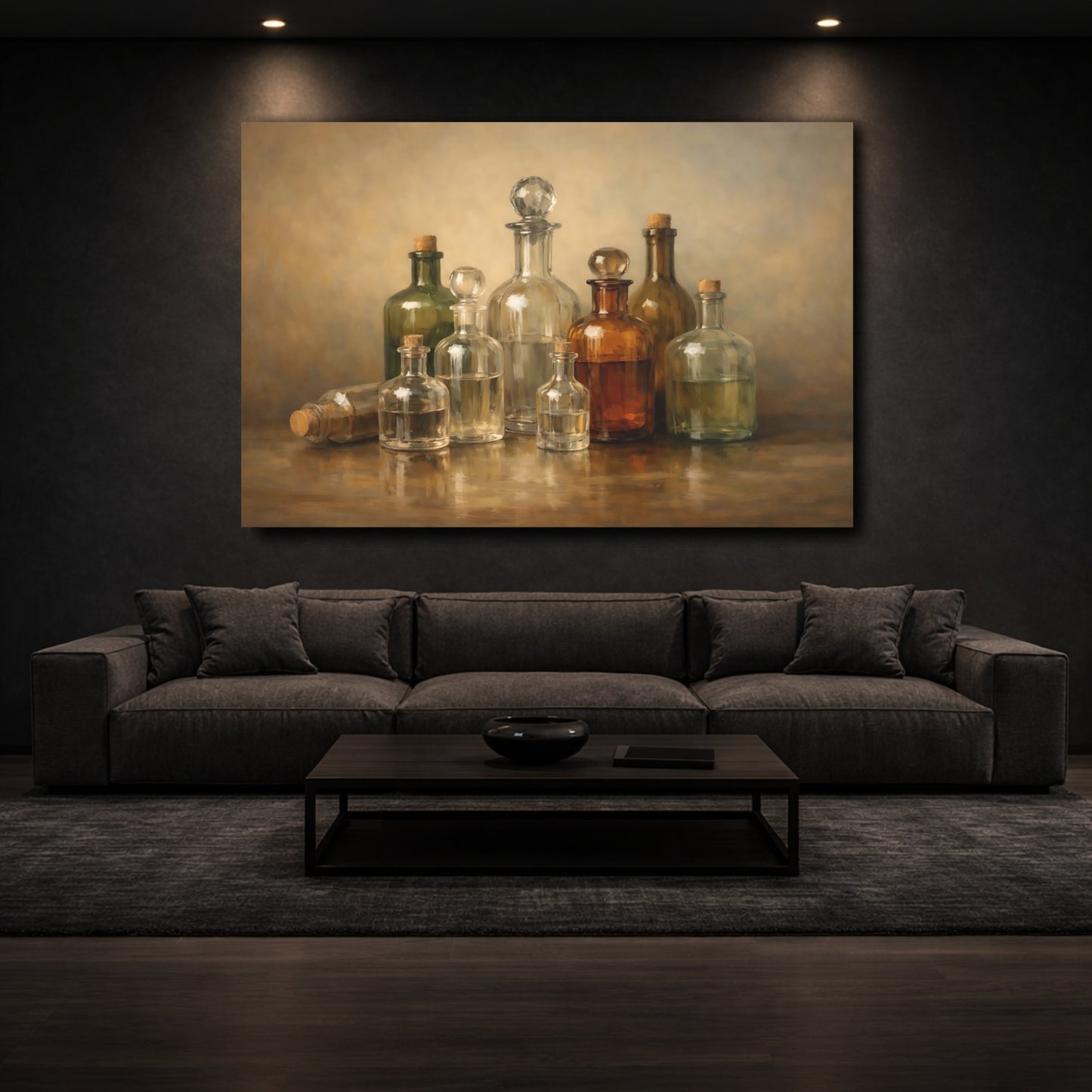 Mockup 2. Vintage Glass Bottles Brown And Gold Bottles shown as stretched canvas wall art