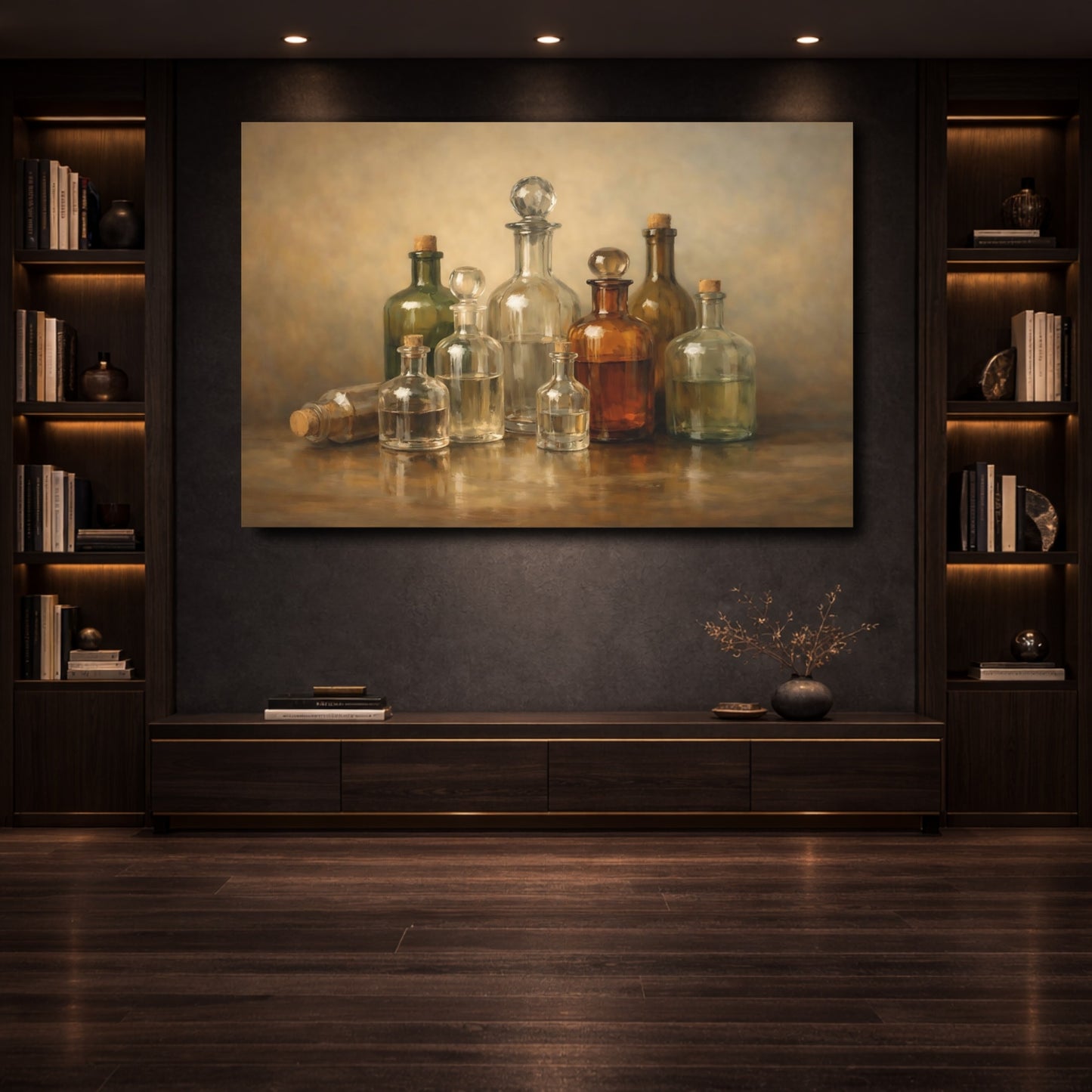 Mockup 3. Vintage Glass Bottles Brown And Gold Bottles shown as stretched canvas wall art