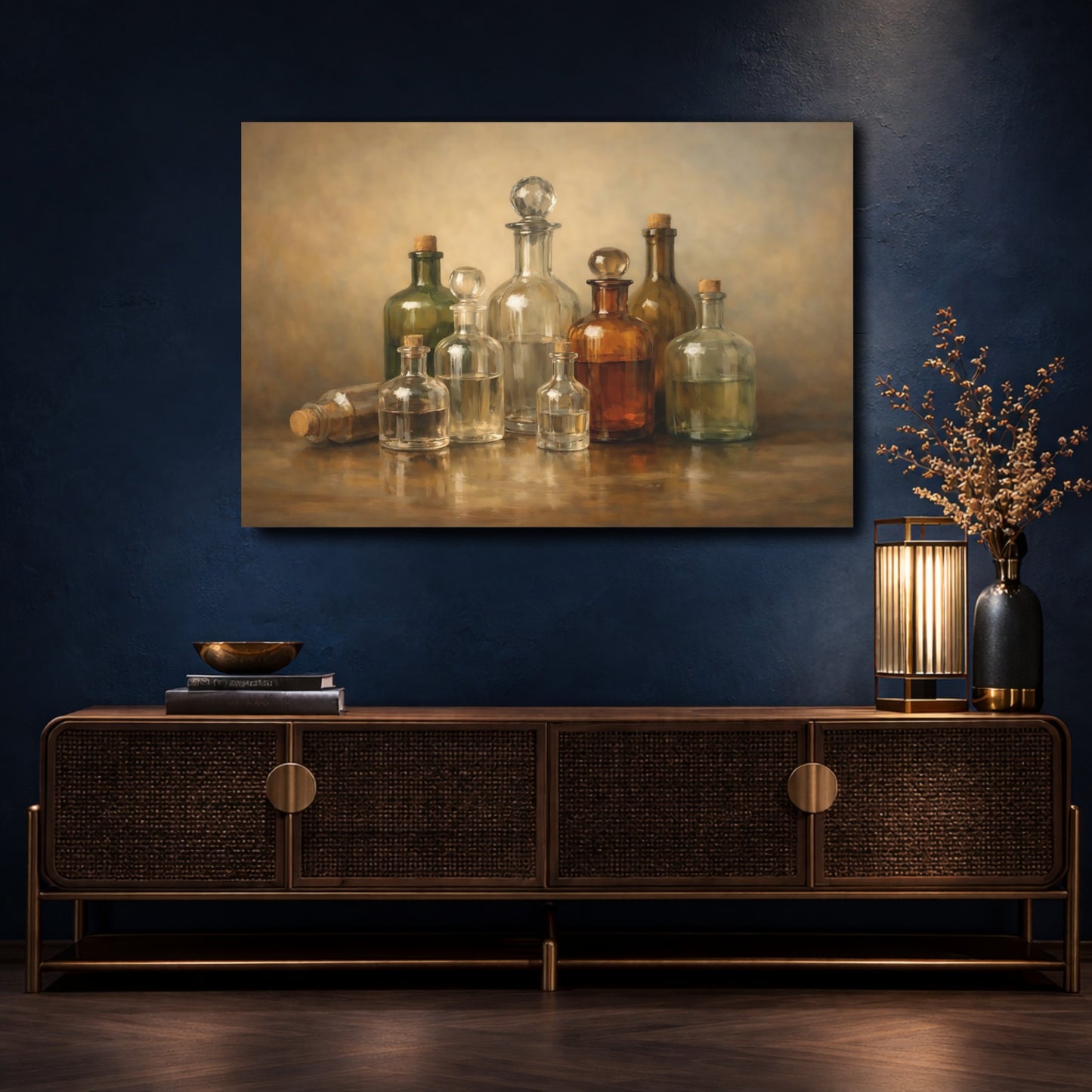 Mockup 4. Vintage Glass Bottles Brown And Gold Bottles shown as stretched canvas wall art