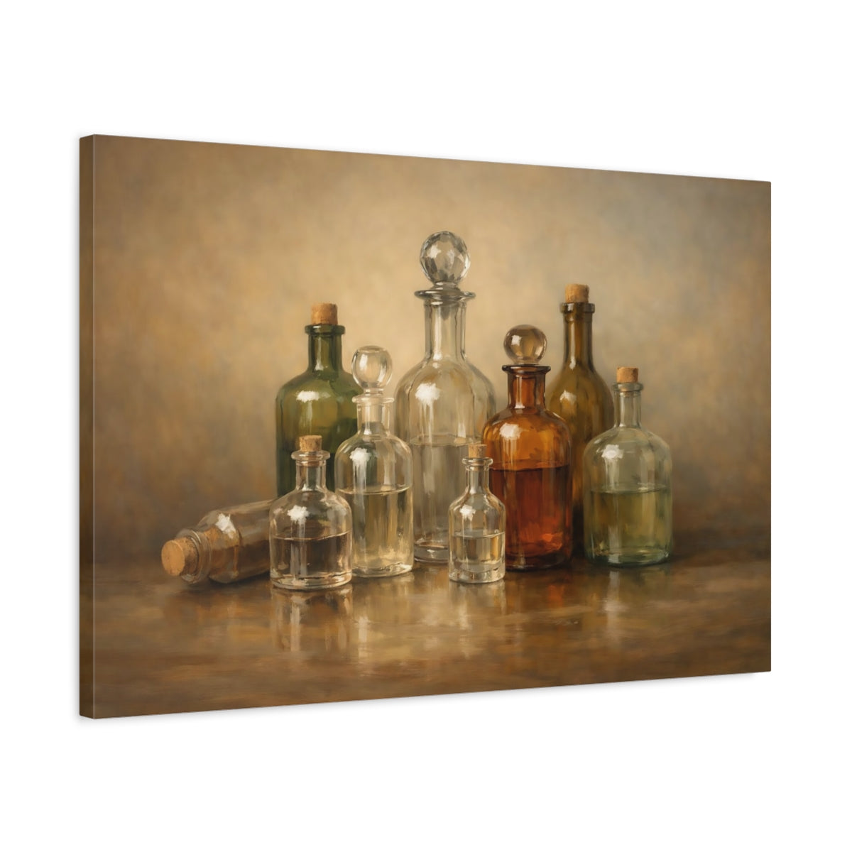 Side Mockup 2. Vintage Glass Bottles Brown And Gold Bottles shown as stretched canvas wall art