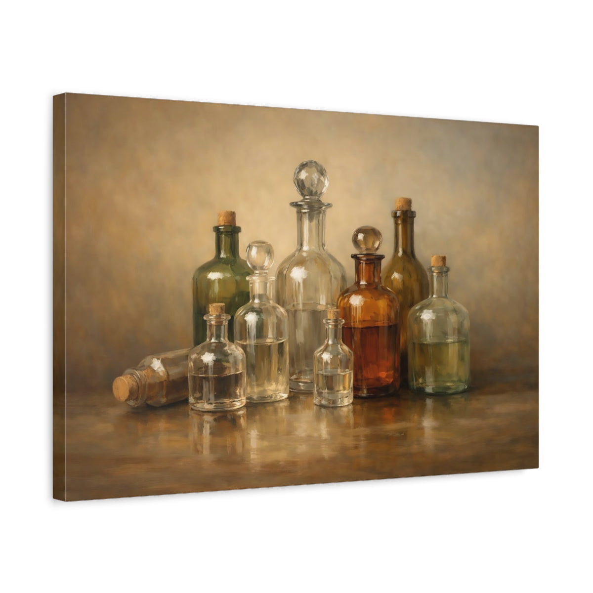 Side Mockup 3. Vintage Glass Bottles Brown And Gold Bottles shown as stretched canvas wall art
