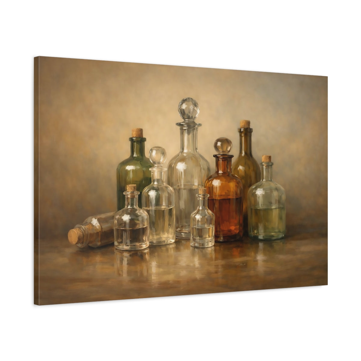 Side Mockup 1. Vintage Glass Bottles Brown And Gold Bottles shown as stretched canvas wall art