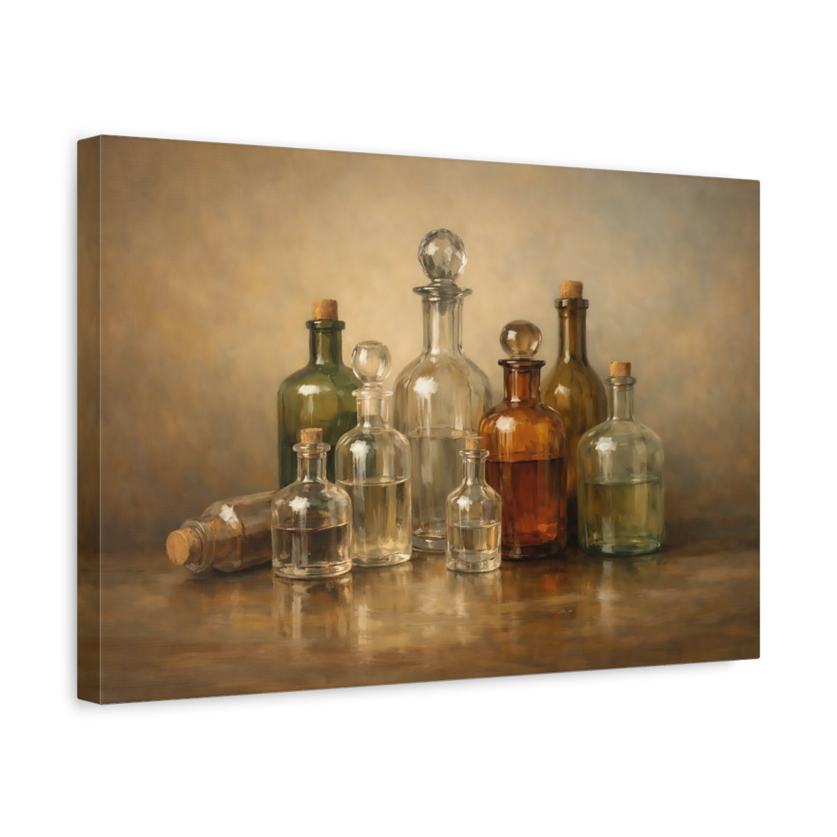 Side Mockup 4. Vintage Glass Bottles Brown And Gold Bottles shown as stretched canvas wall art