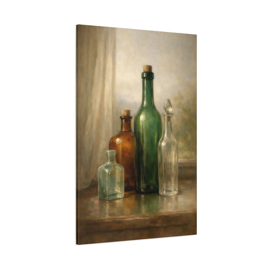 Main Mockup. Vintage Glass Bottles Green And Brown shown as stretched canvas wall art
