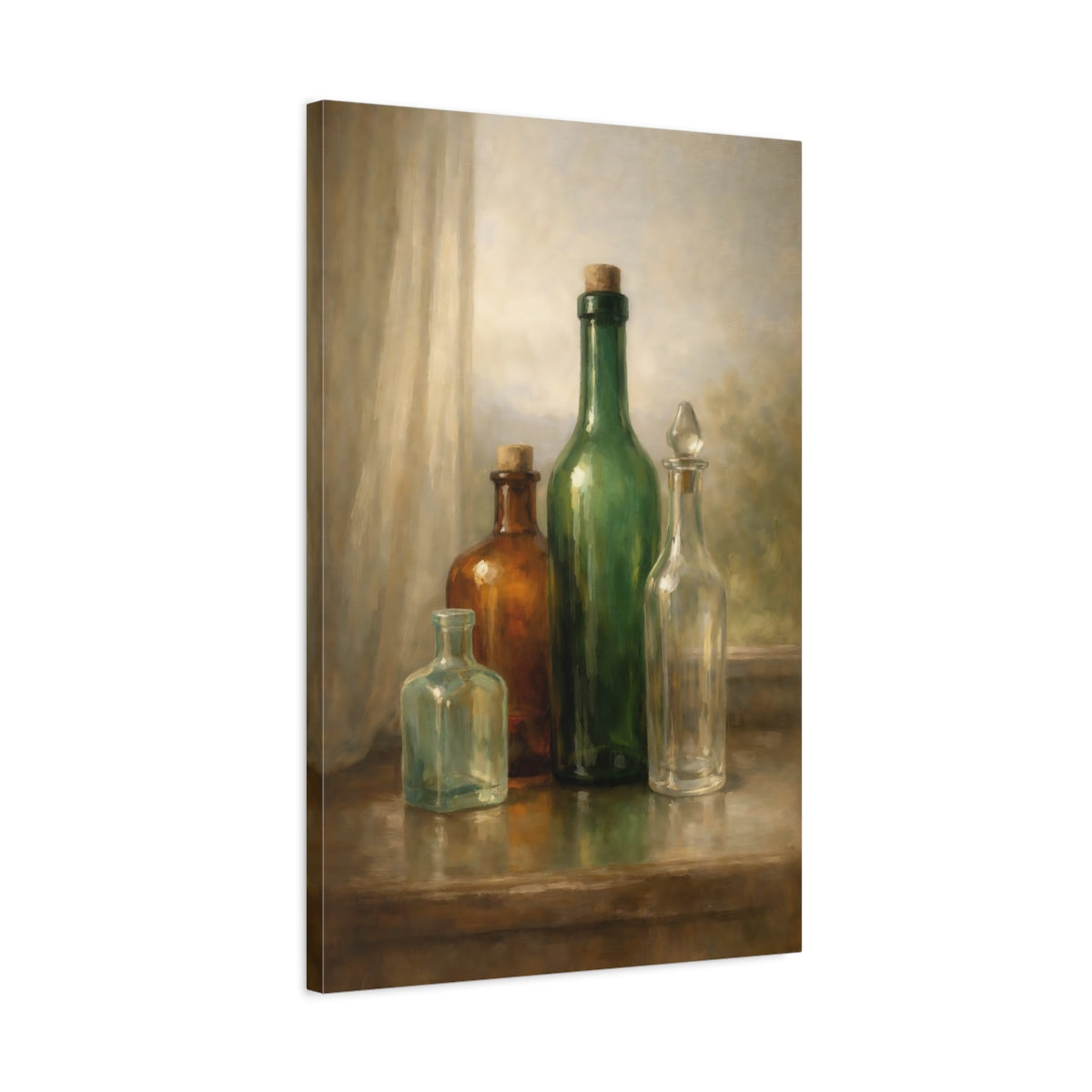 Side Mockup 2. Vintage Glass Bottles Green And Brown shown as stretched canvas wall art
