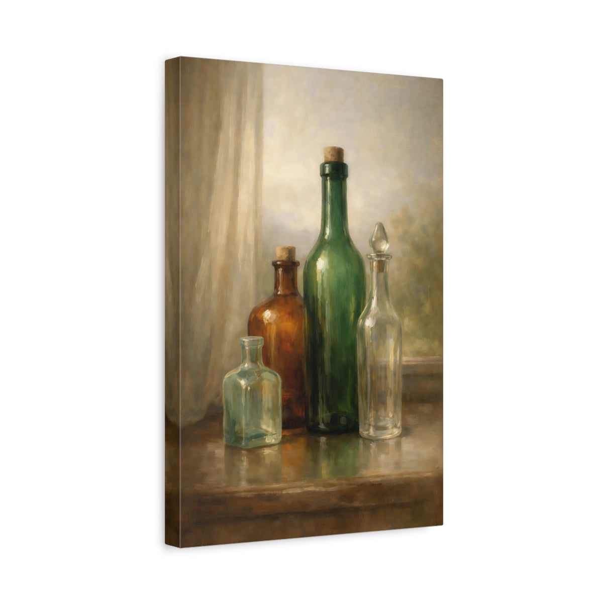Side Mockup 4. Vintage Glass Bottles Green And Brown shown as stretched canvas wall art