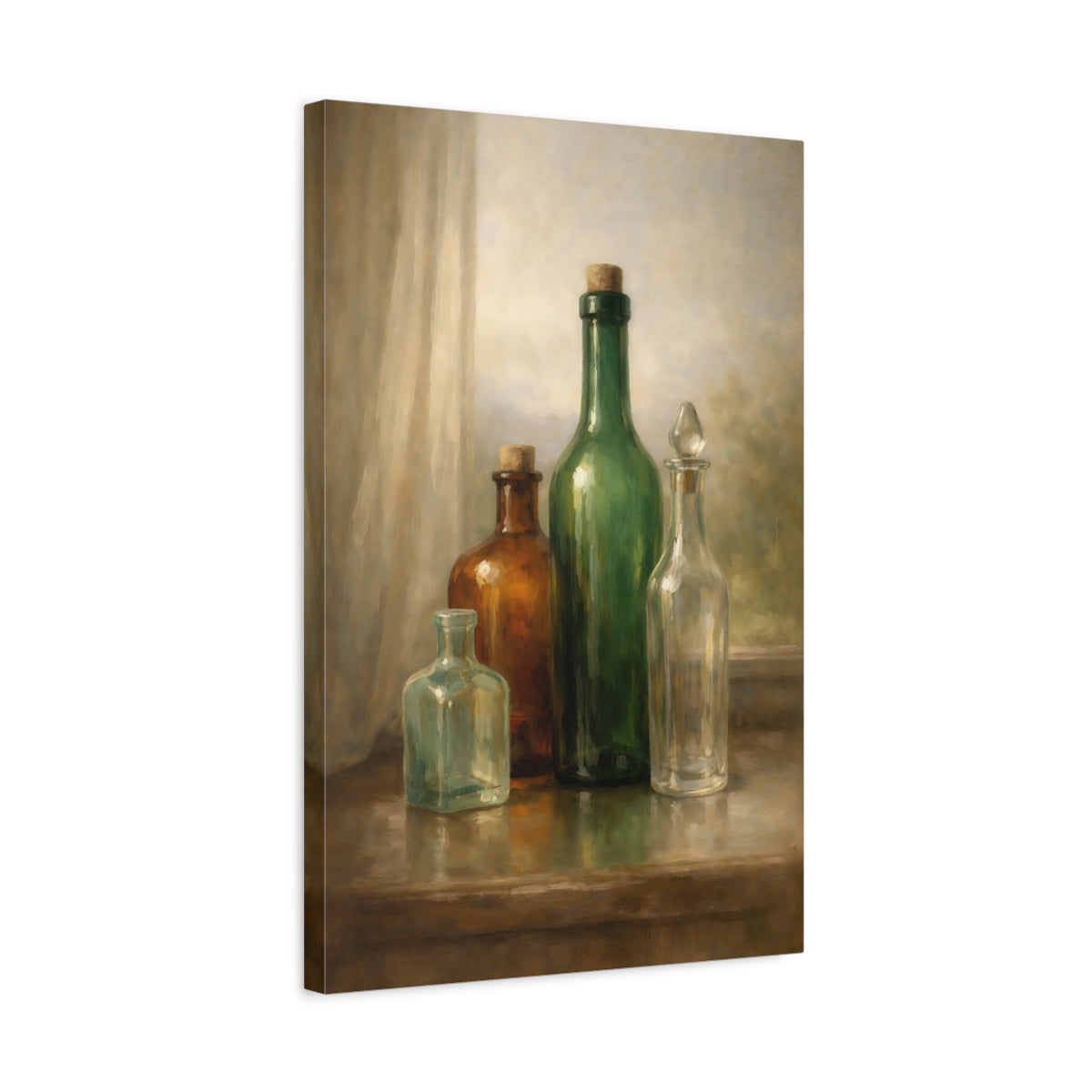 Side Mockup 3. Vintage Glass Bottles Green And Brown shown as stretched canvas wall art