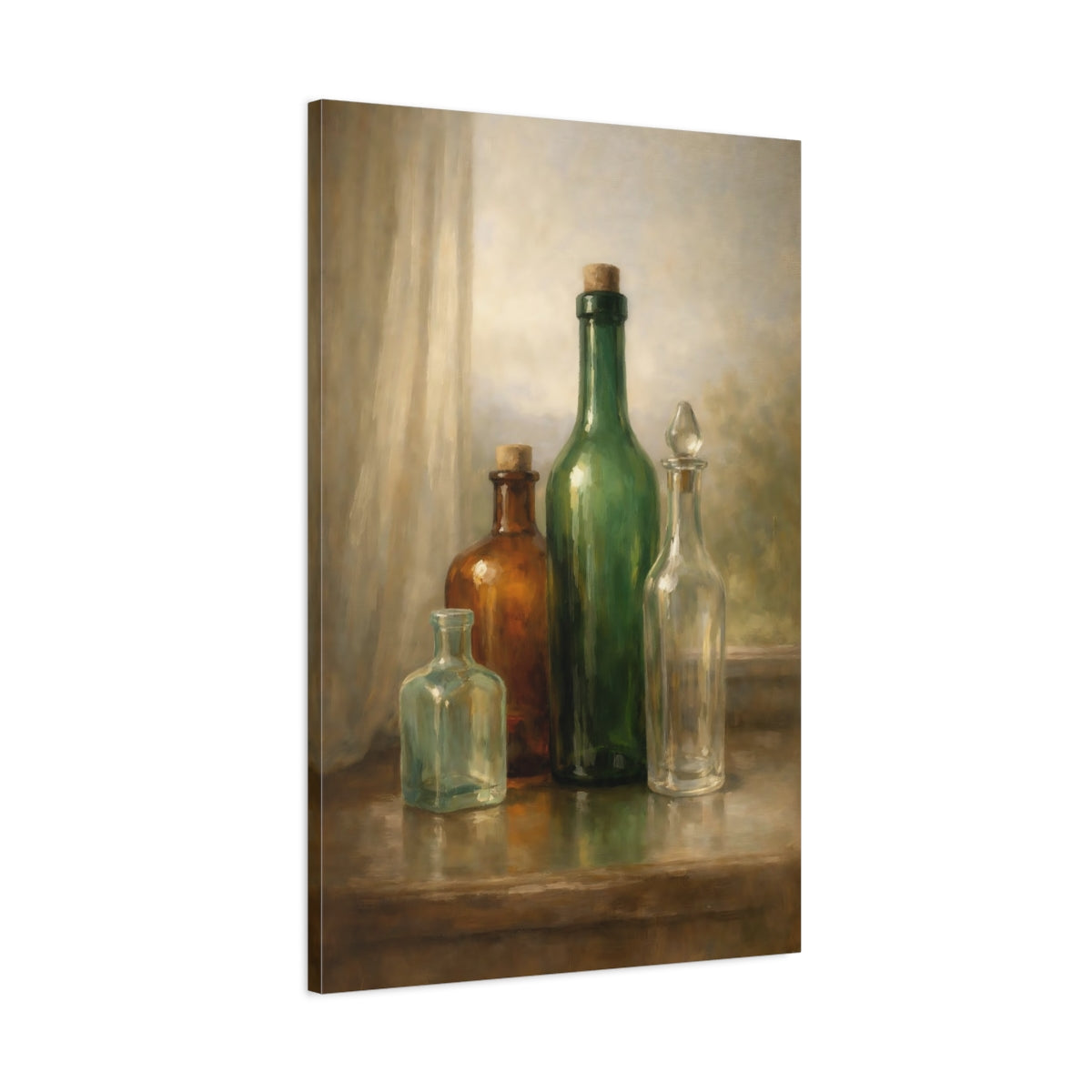 Side Mockup 1. Vintage Glass Bottles Green And Brown shown as stretched canvas wall art
