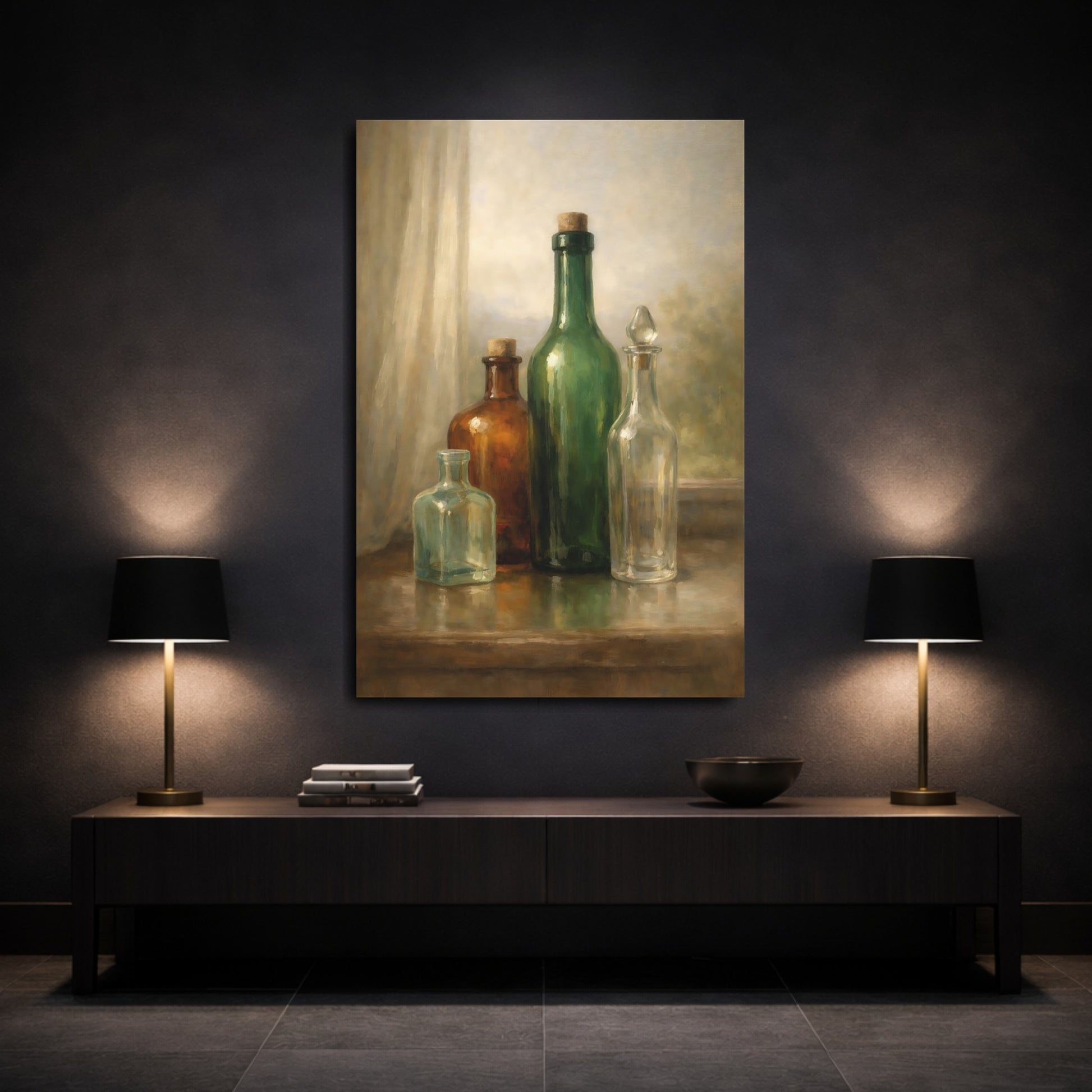 Mockup 2. Vintage Glass Bottles Green And Brown shown as stretched canvas wall art