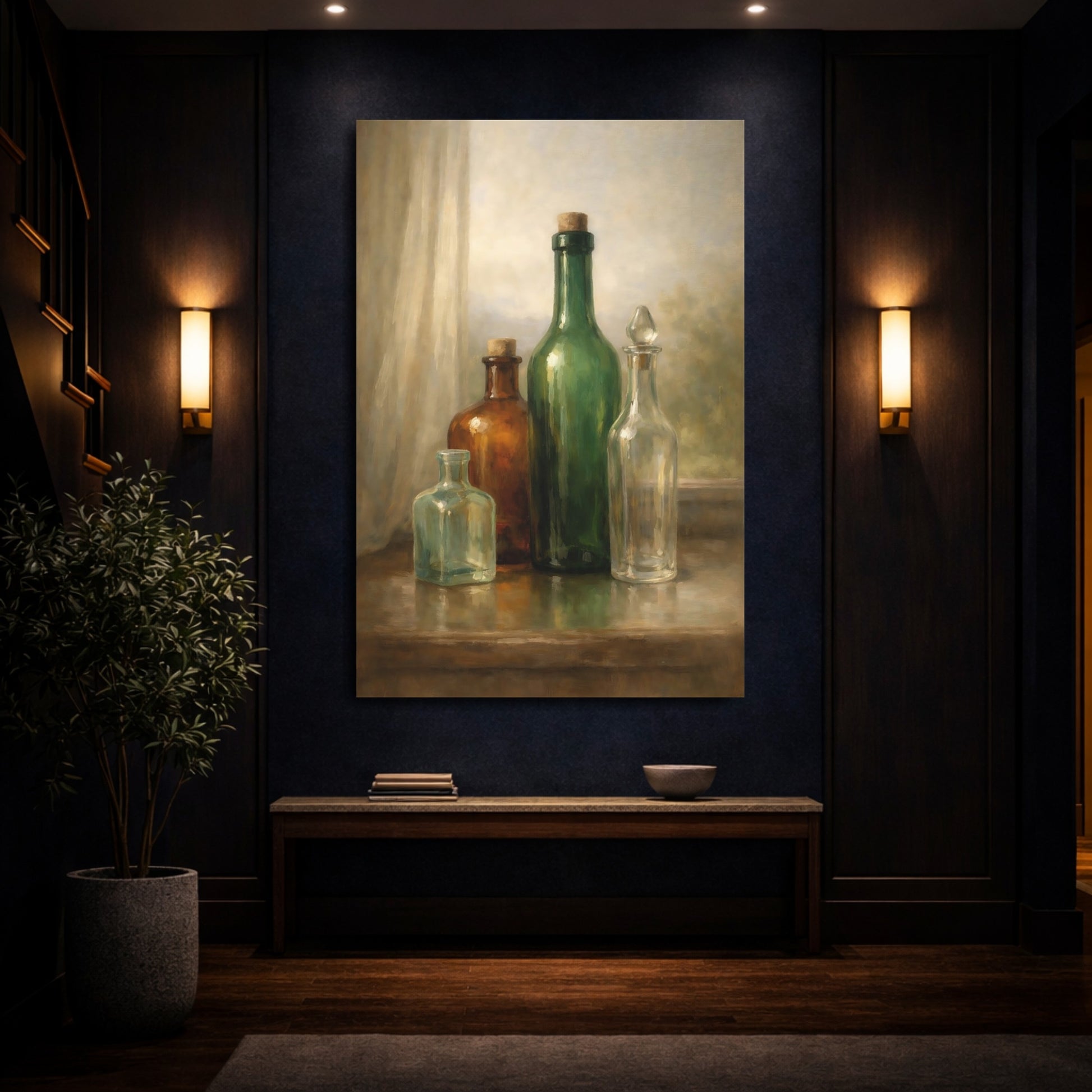 Mockup 3. Vintage Glass Bottles Green And Brown shown as stretched canvas wall art