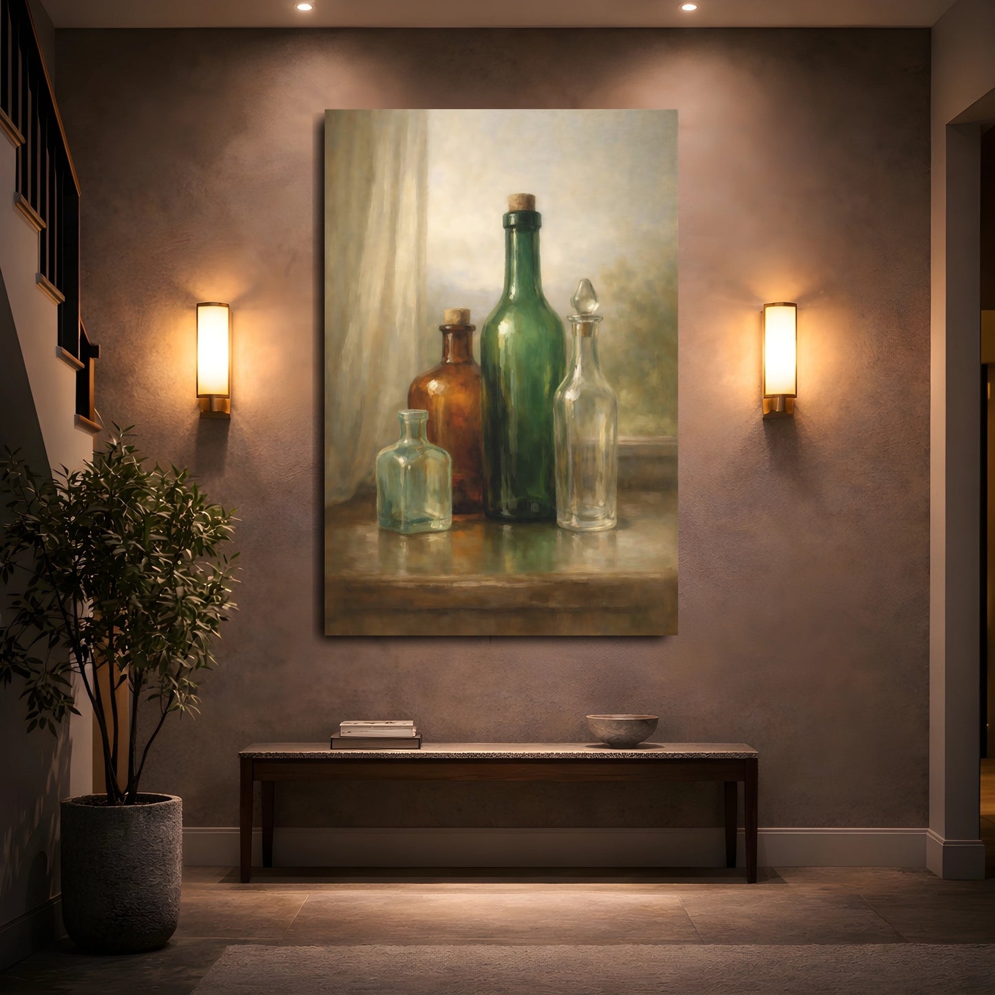 Mockup 4. Vintage Glass Bottles Green And Brown shown as stretched canvas wall art