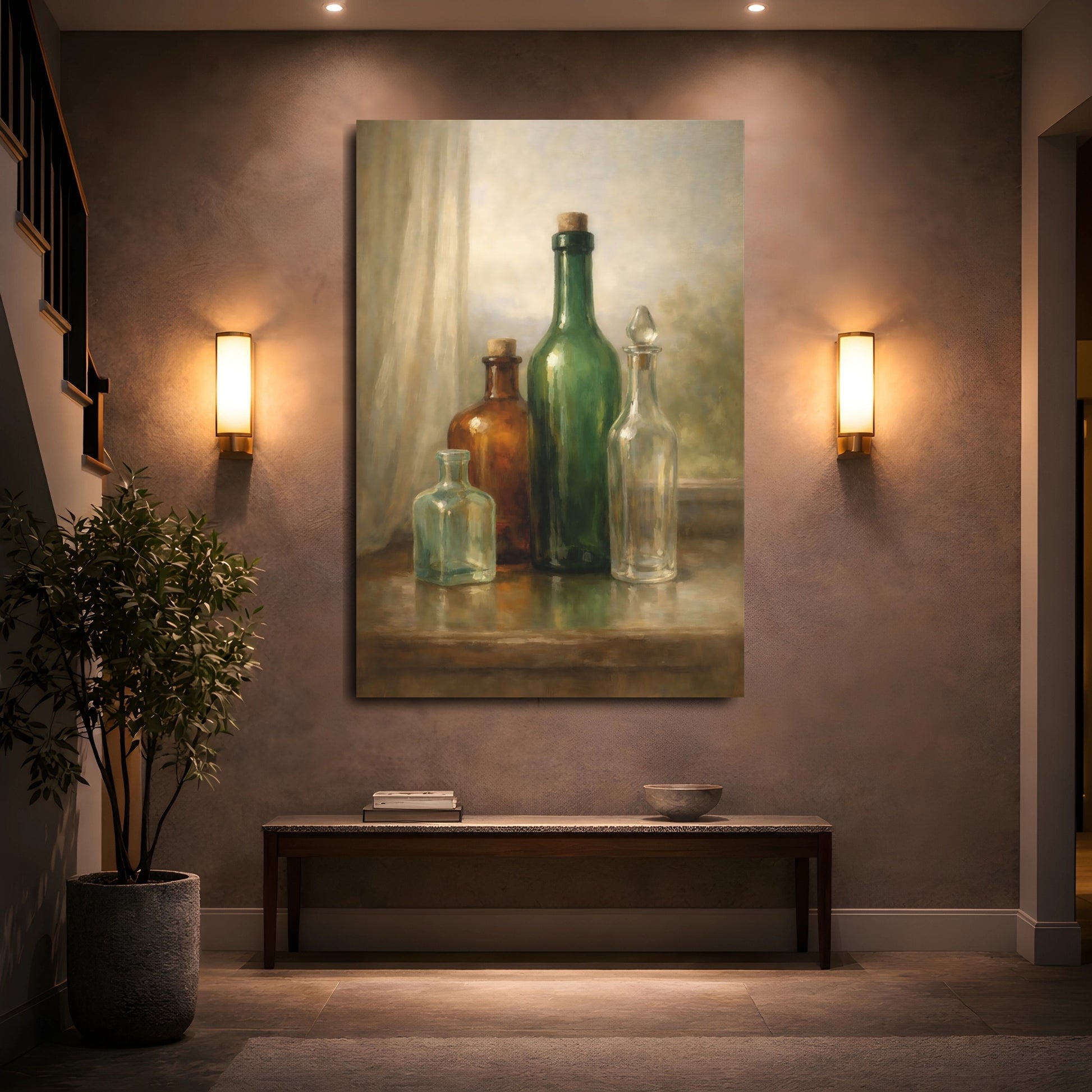 Mockup 4. Vintage Glass Bottles Green And Brown shown as stretched canvas wall art