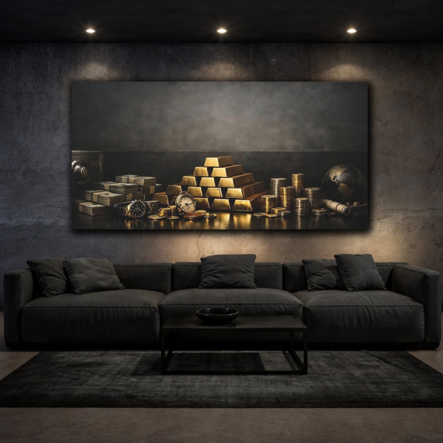 Mockup 2. Vintage Gold Bars Gold And Black shown as stretched canvas wall art