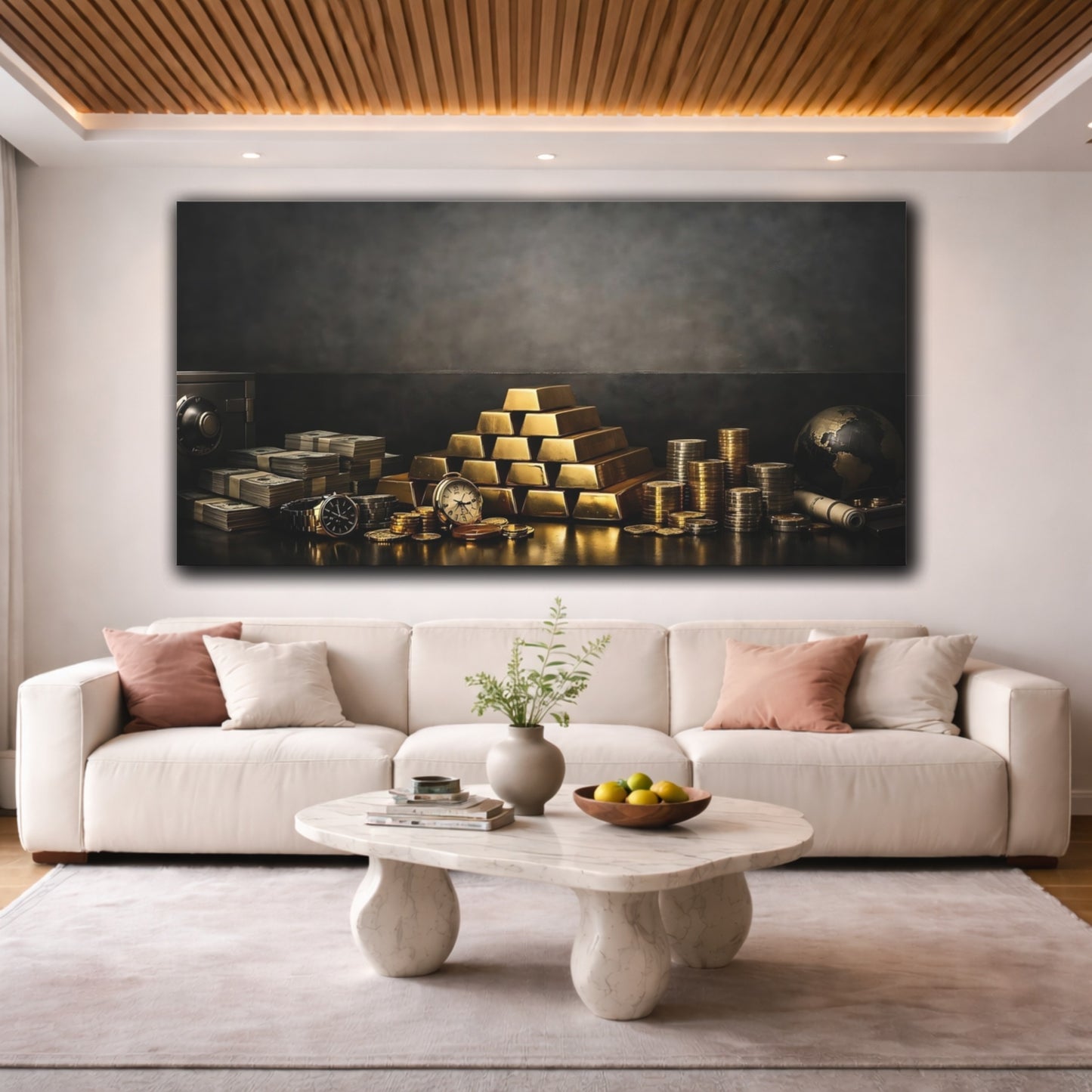 Mockup 3. Vintage Gold Bars Gold And Black shown as stretched canvas wall art