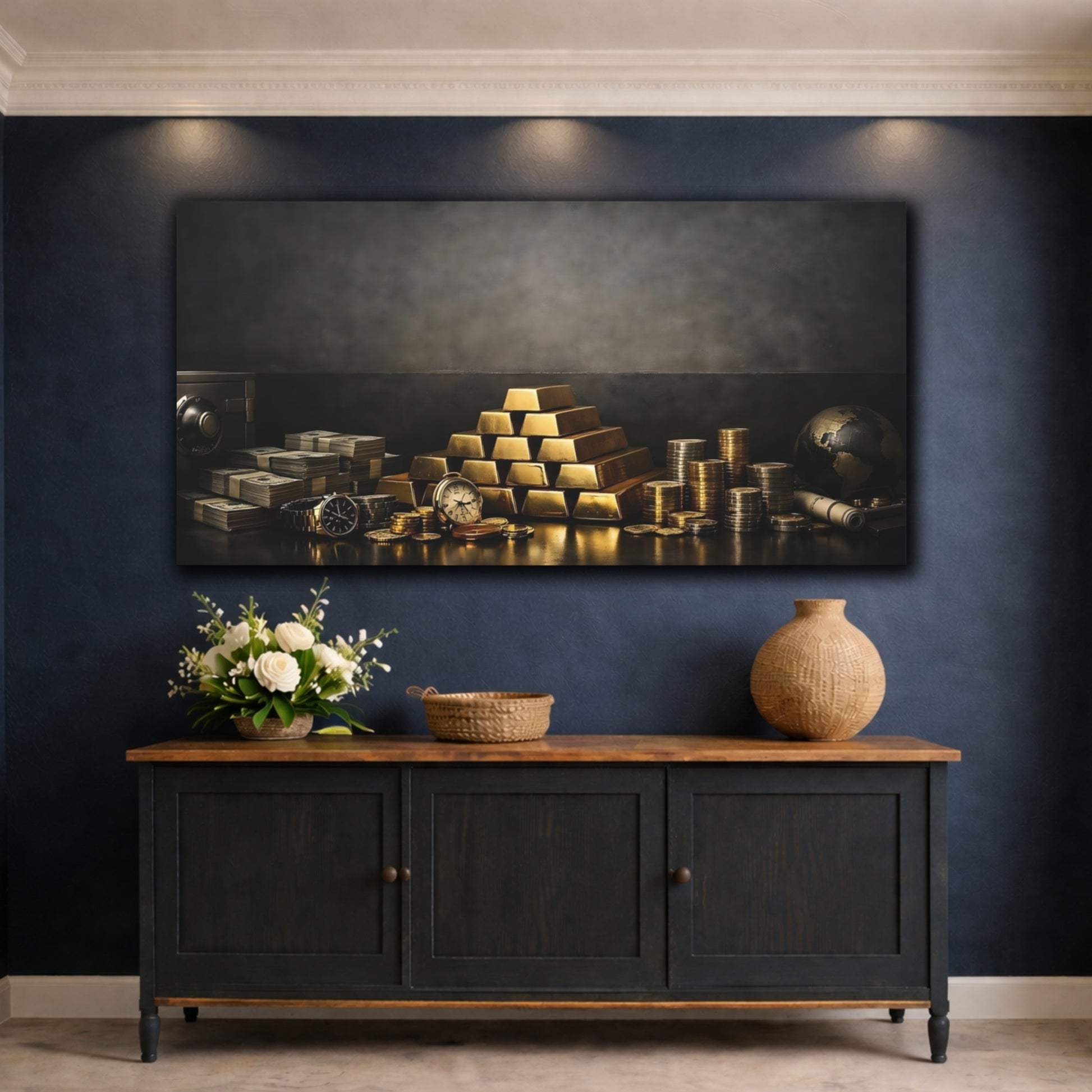 Mockup 4. Vintage Gold Bars Gold And Black shown as stretched canvas wall art