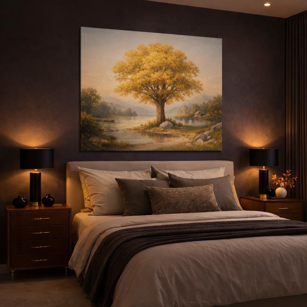 Vintage Golden Tree shown as canvas wall art in a luxury bedroom