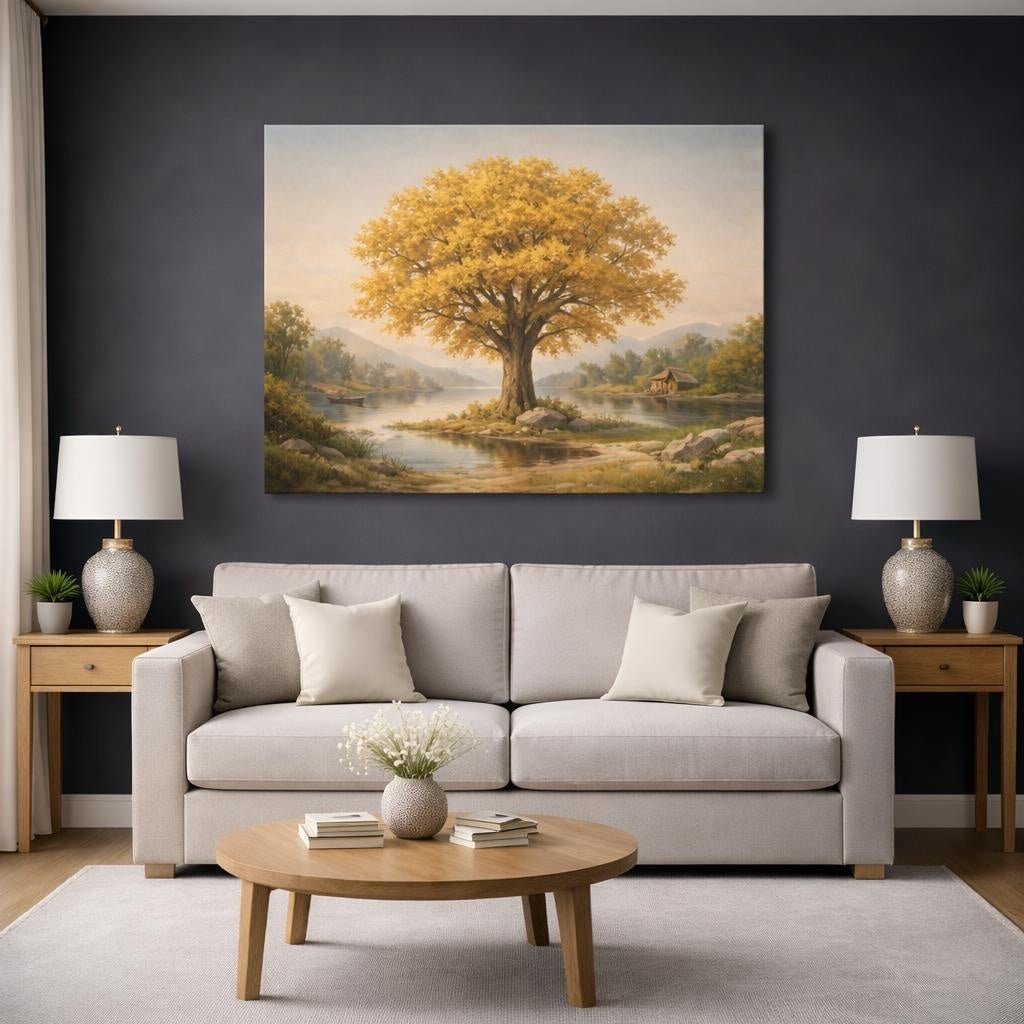 Vintage Golden Tree shown as canvas wall art in a modern living room