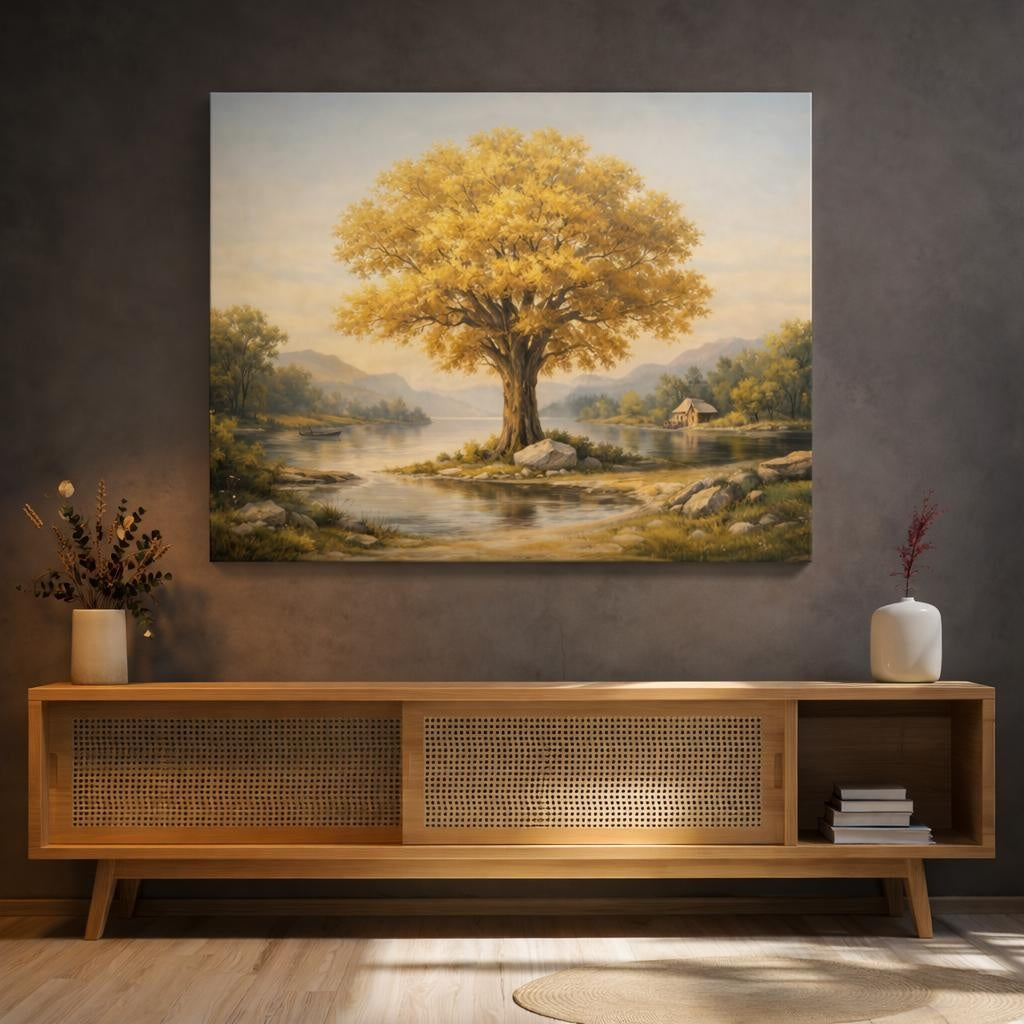 Vintage Golden Tree shown as canvas wall art in a refined dining room
