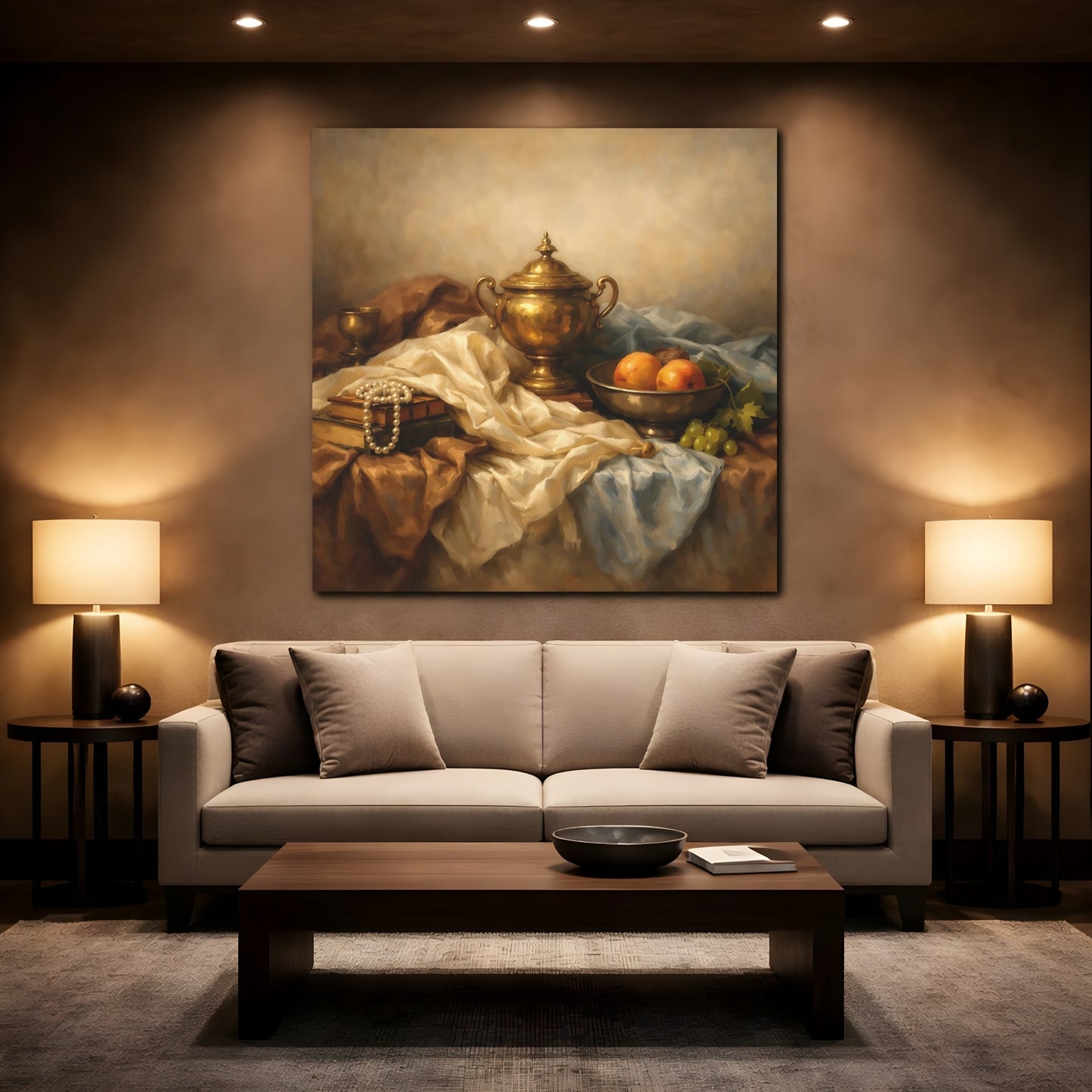 Mockup 2. Vintage Golden Urn Brown And Gold shown as stretched canvas wall art