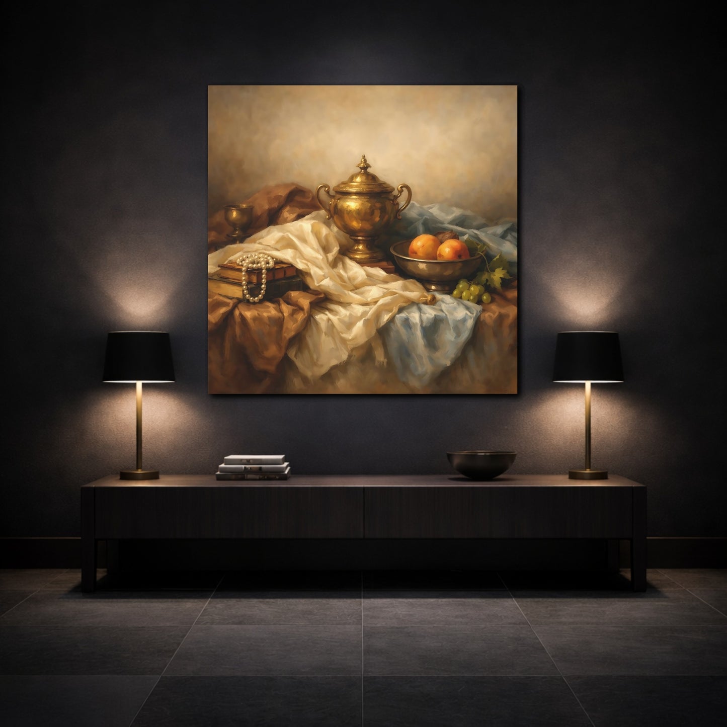 Mockup 3. Vintage Golden Urn Brown And Gold shown as stretched canvas wall art