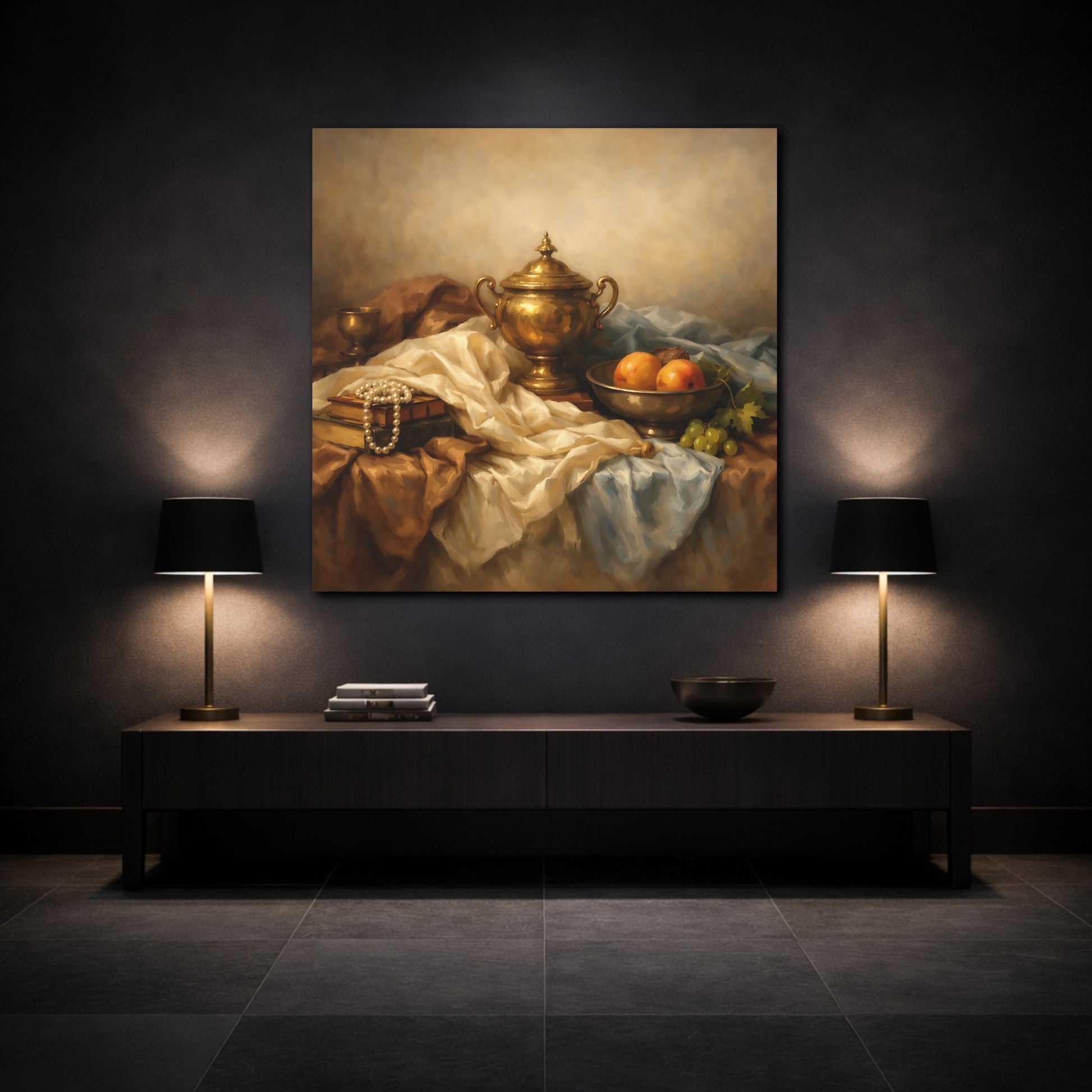 Mockup 3. Vintage Golden Urn Brown And Gold shown as stretched canvas wall art