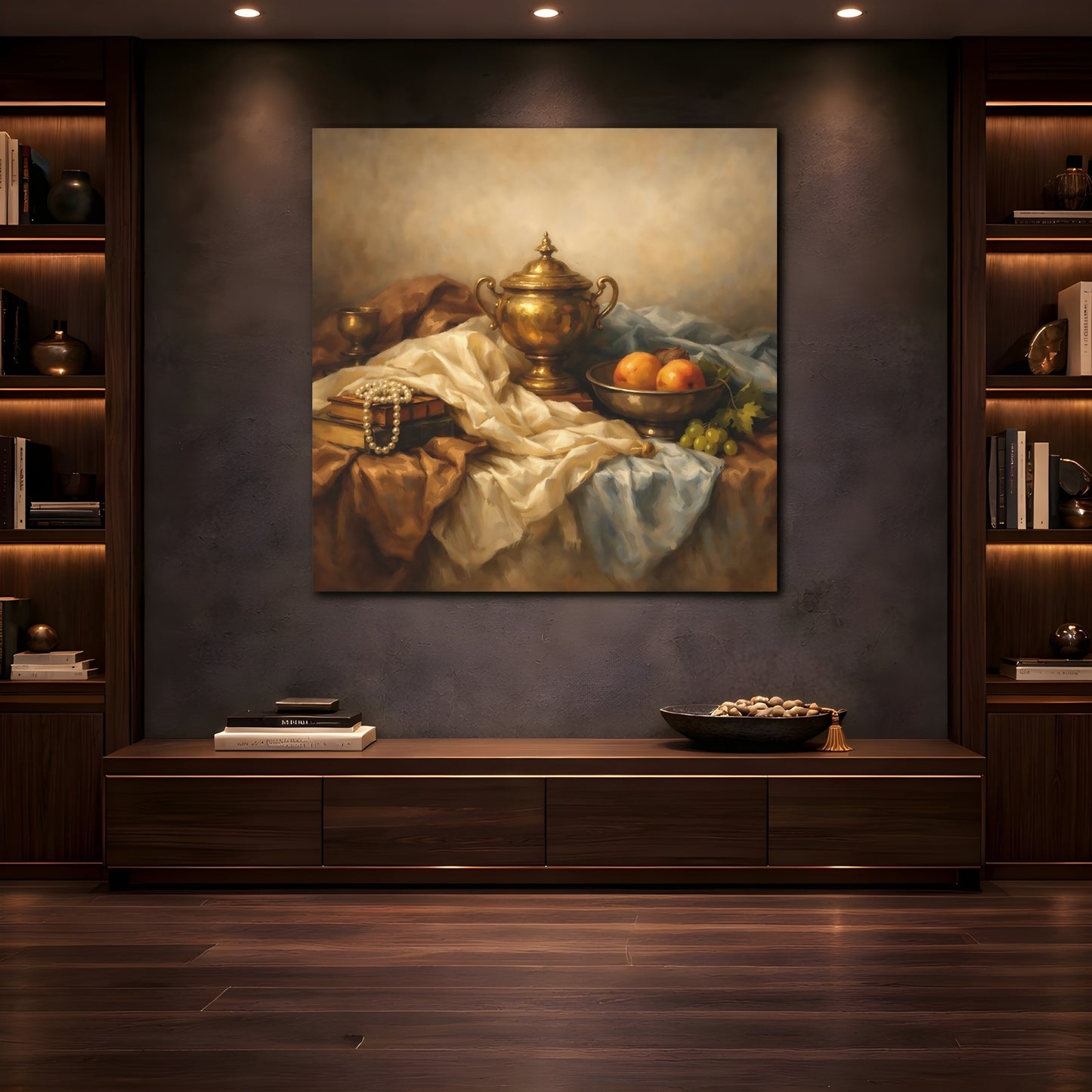 Mockup 4. Vintage Golden Urn Brown And Gold shown as stretched canvas wall art