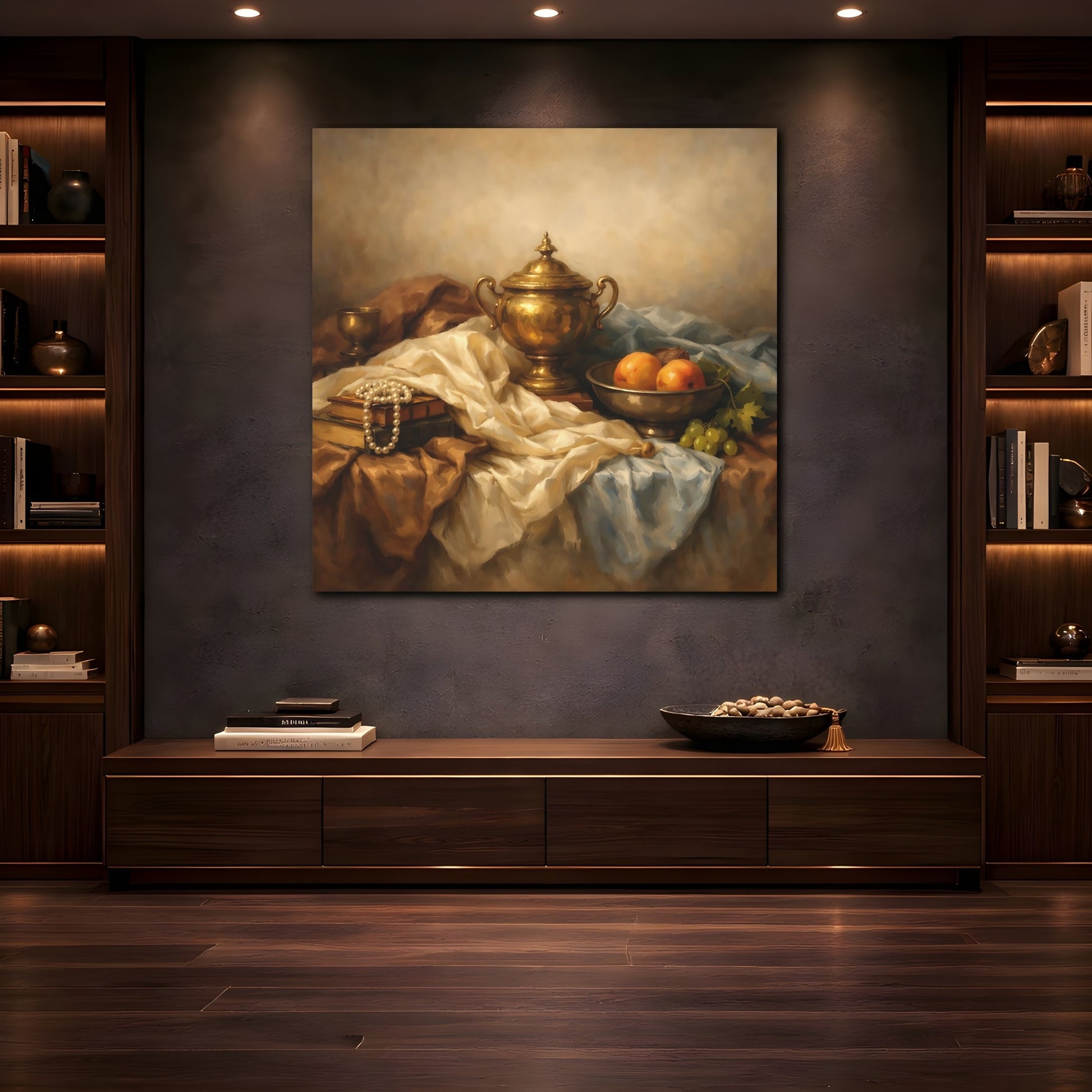 Mockup 4. Vintage Golden Urn Brown And Gold shown as stretched canvas wall art