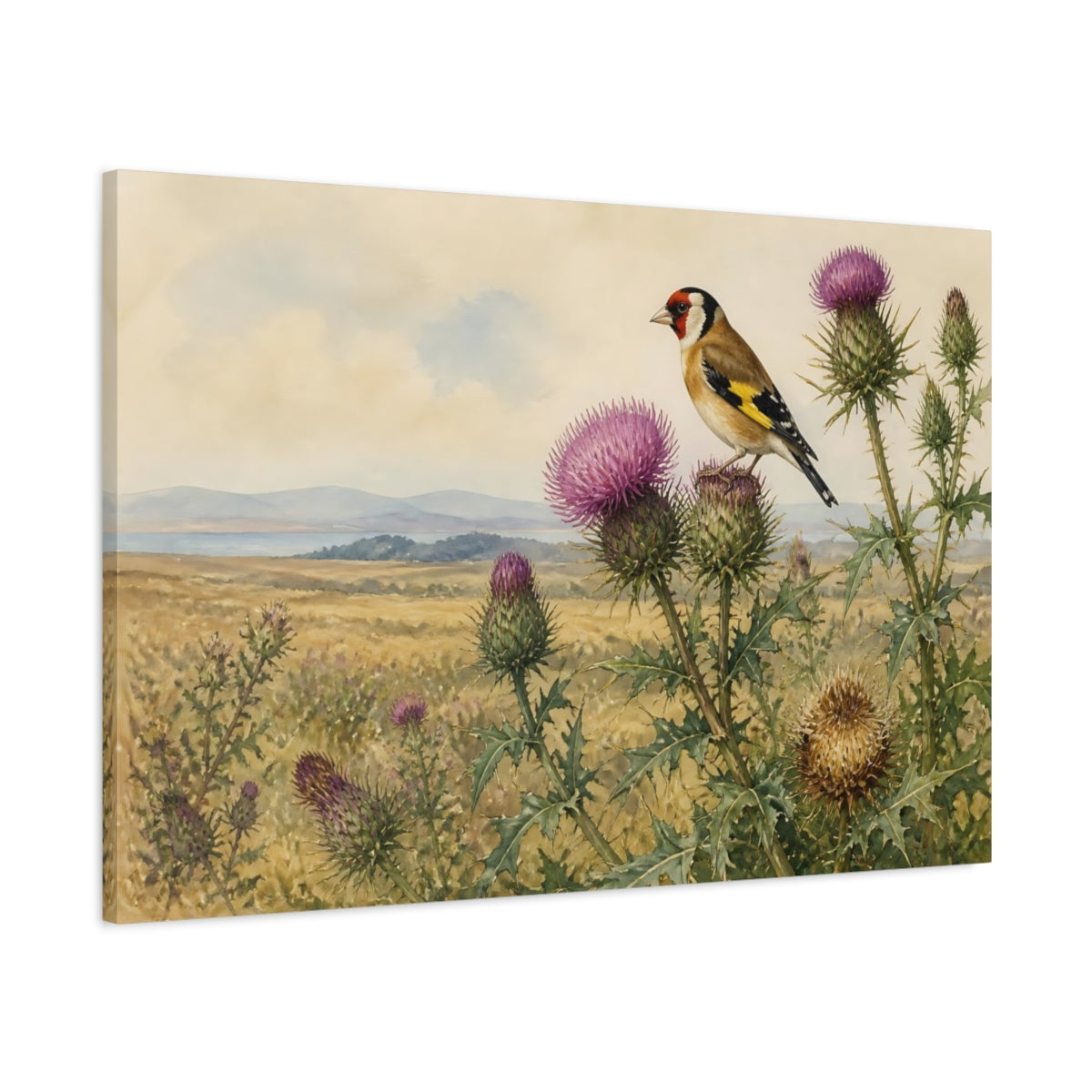 Main Mockup. Vintage Goldfinch On Thistles shown as canvas print
