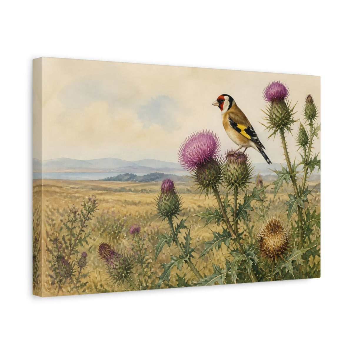 Side Mockup 4. Vintage Goldfinch On Thistles shown as canvas print