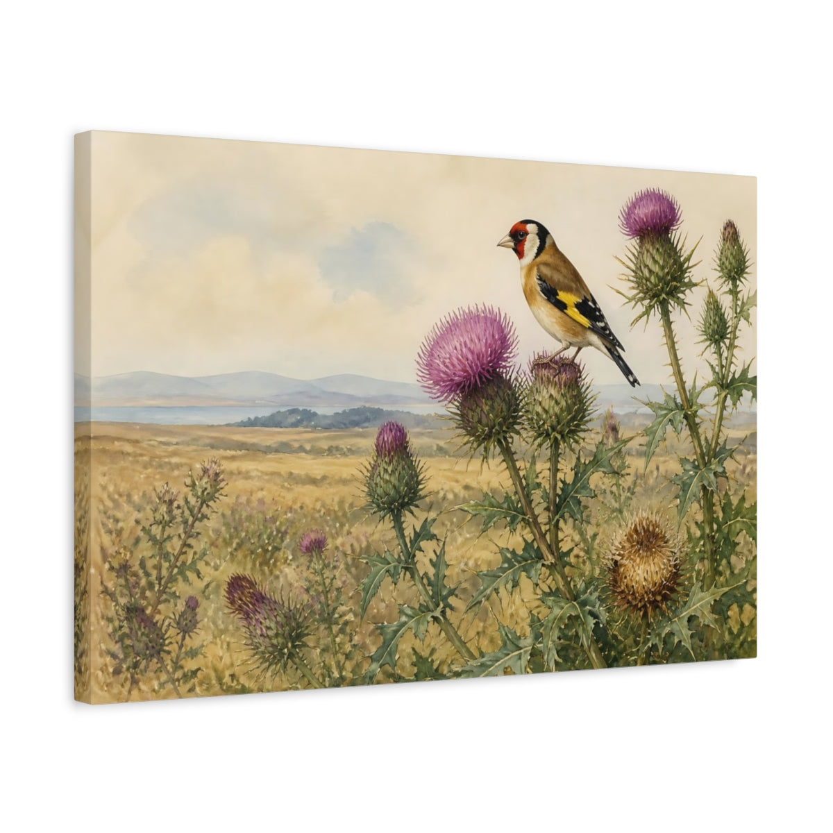 Side Mockup 3. Vintage Goldfinch On Thistles shown as canvas print