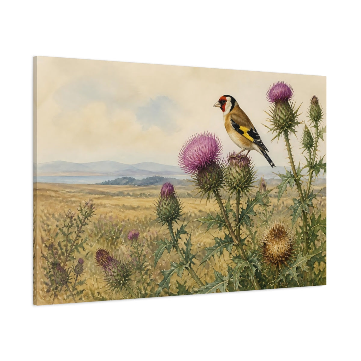 Side Mockup 1. Vintage Goldfinch On Thistles shown as canvas print