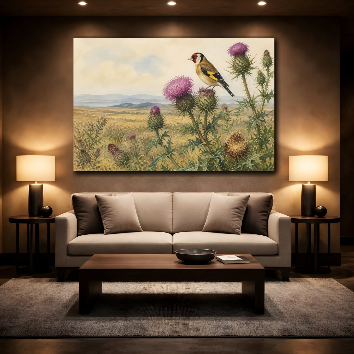 Mockup 2. Vintage Goldfinch On Thistles shown as canvas print
