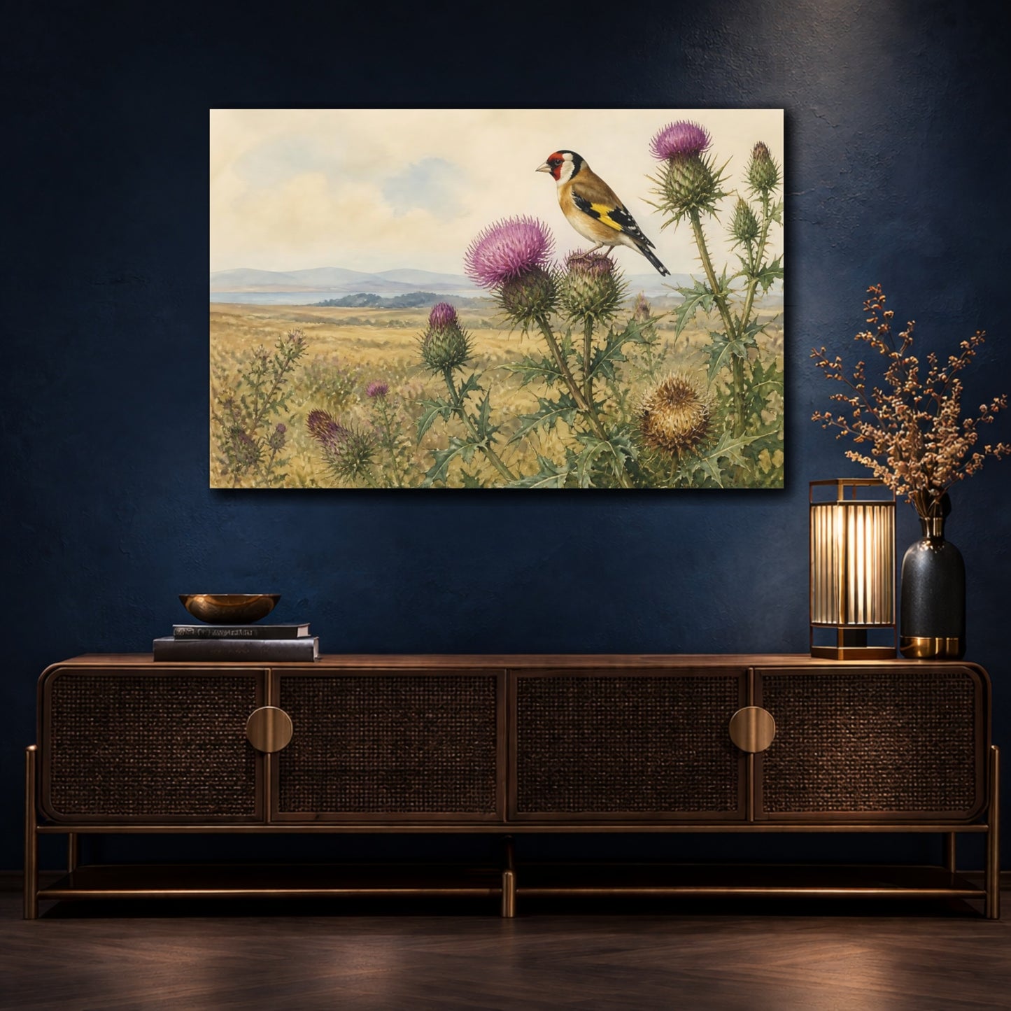 Mockup 4. Vintage Goldfinch On Thistles shown as canvas print