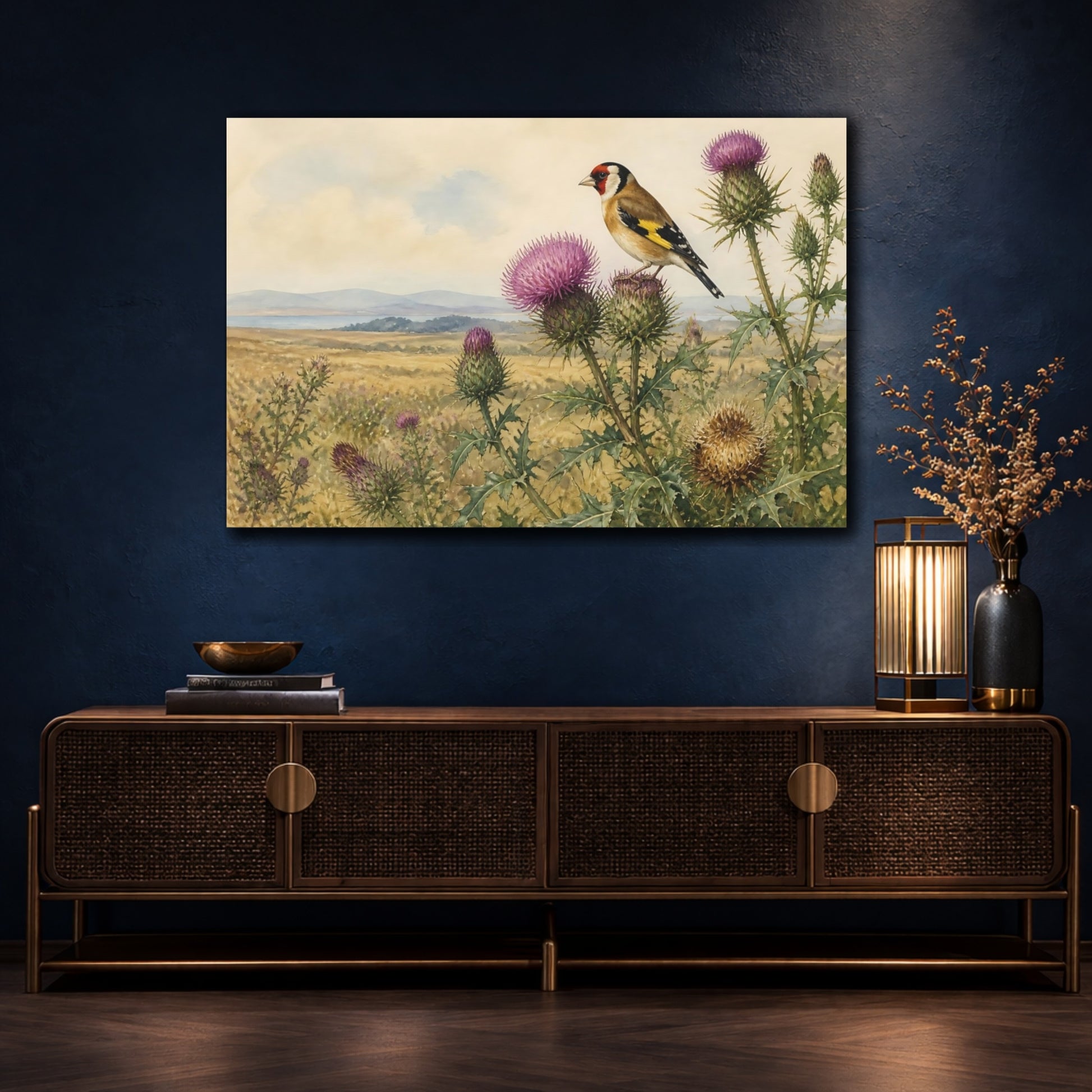 Mockup 4. Vintage Goldfinch On Thistles shown as canvas print