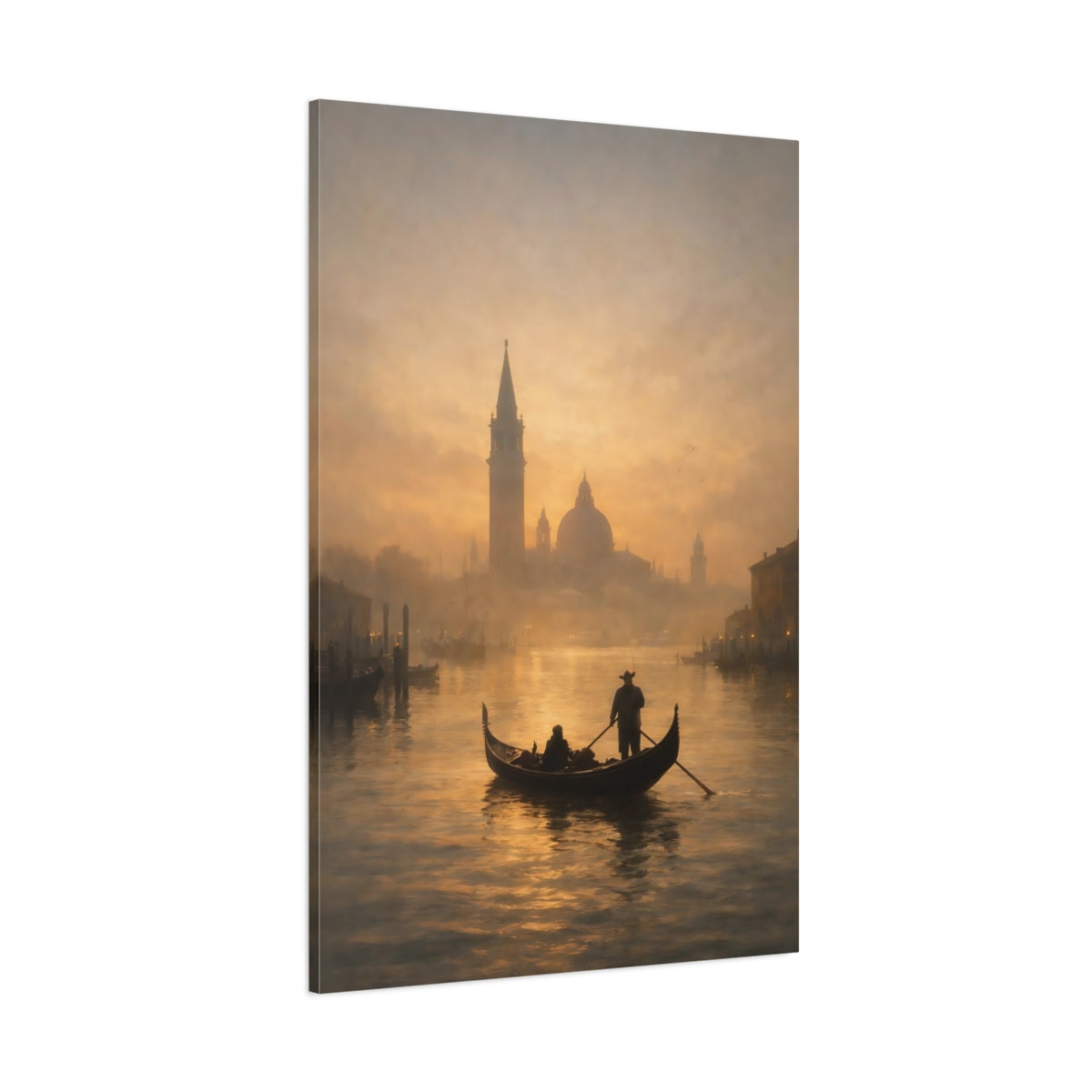 Main Mockup. Vintage Gondola Golden Canal shown as stretched canvas wall art