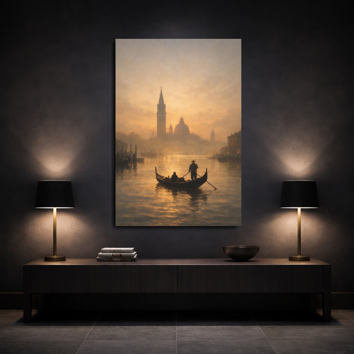 Mockup 2. Vintage Gondola Golden Canal shown as stretched canvas wall art