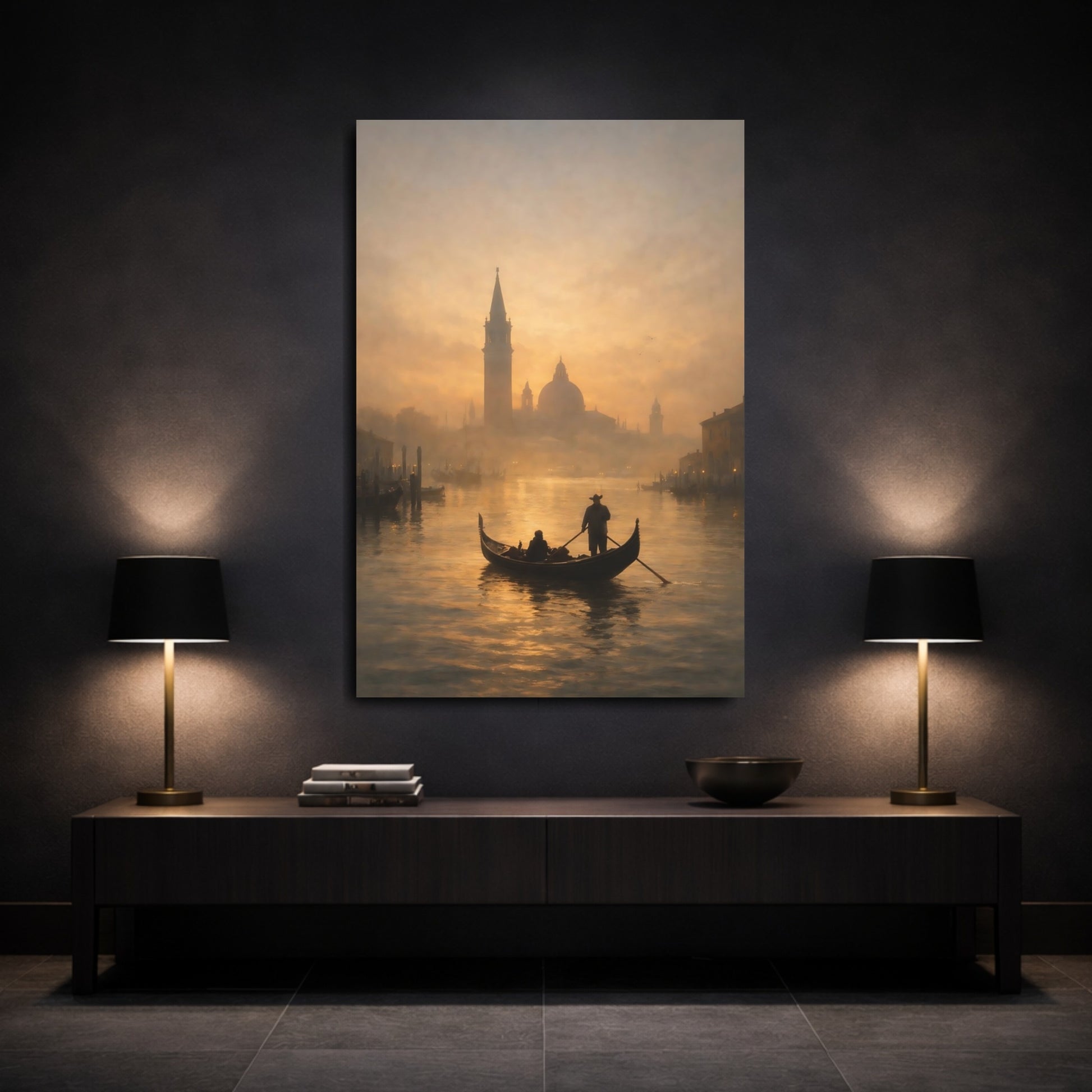 Mockup 2. Vintage Gondola Golden Canal shown as stretched canvas wall art