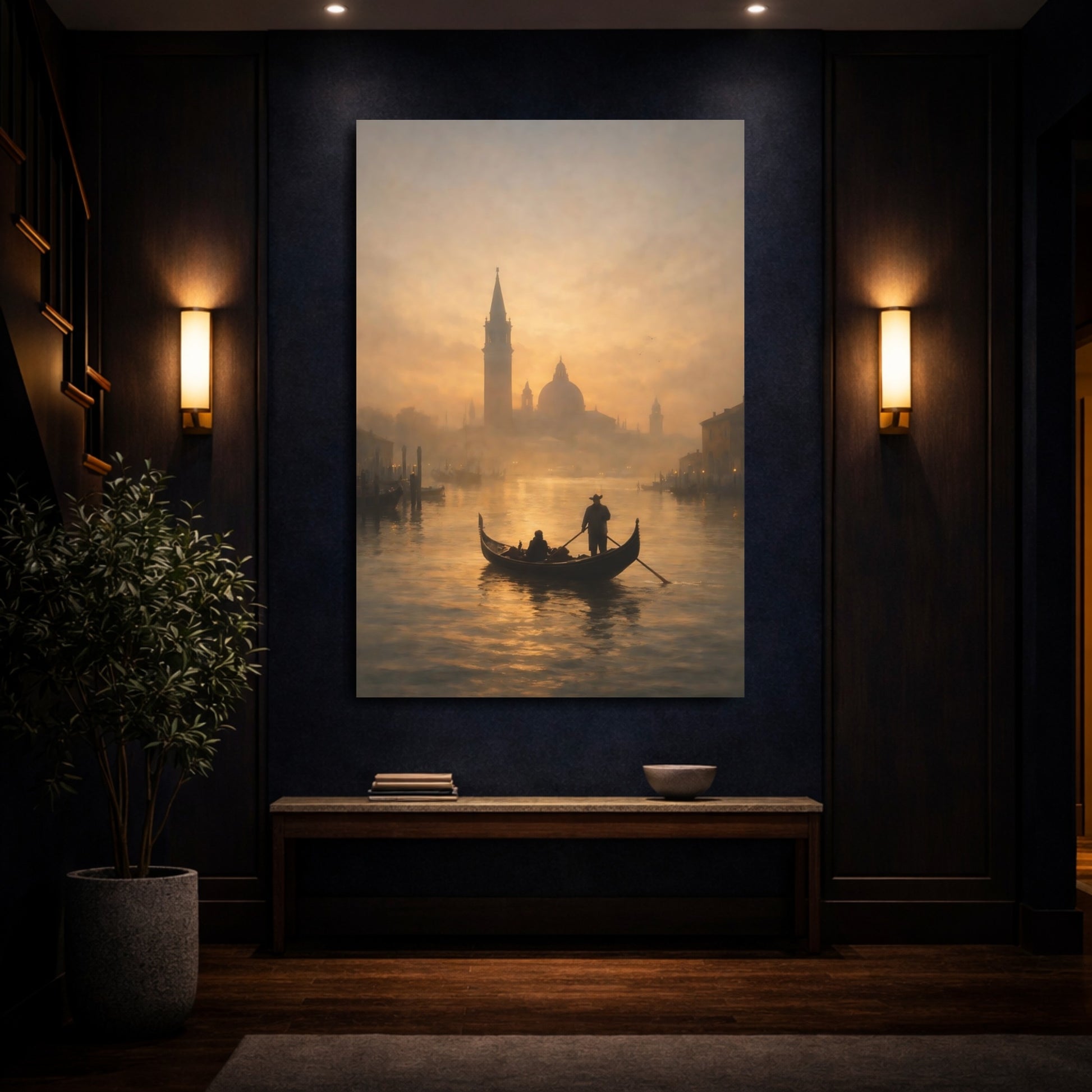 Mockup 3. Vintage Gondola Golden Canal shown as stretched canvas wall art