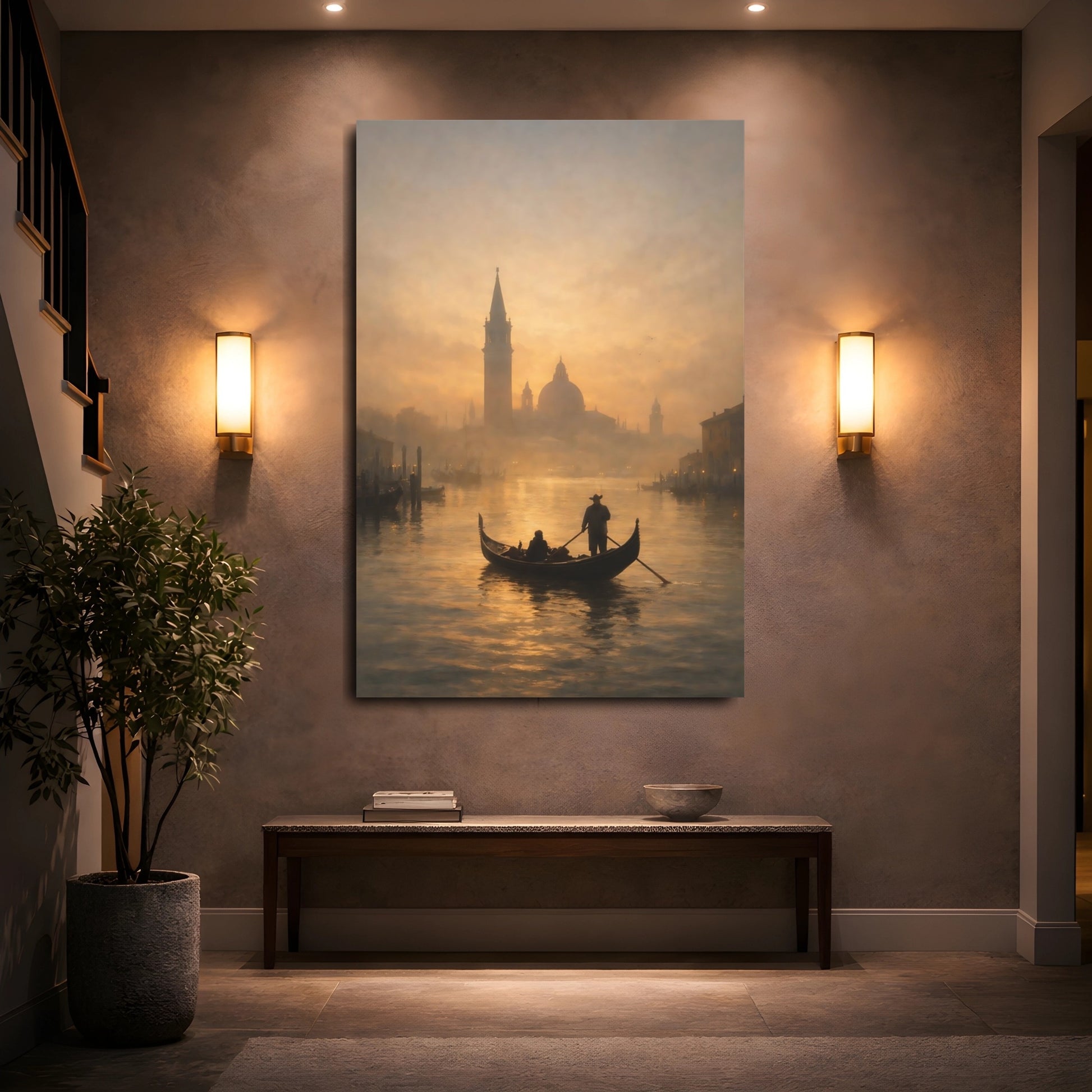 Mockup 4. Vintage Gondola Golden Canal shown as stretched canvas wall art