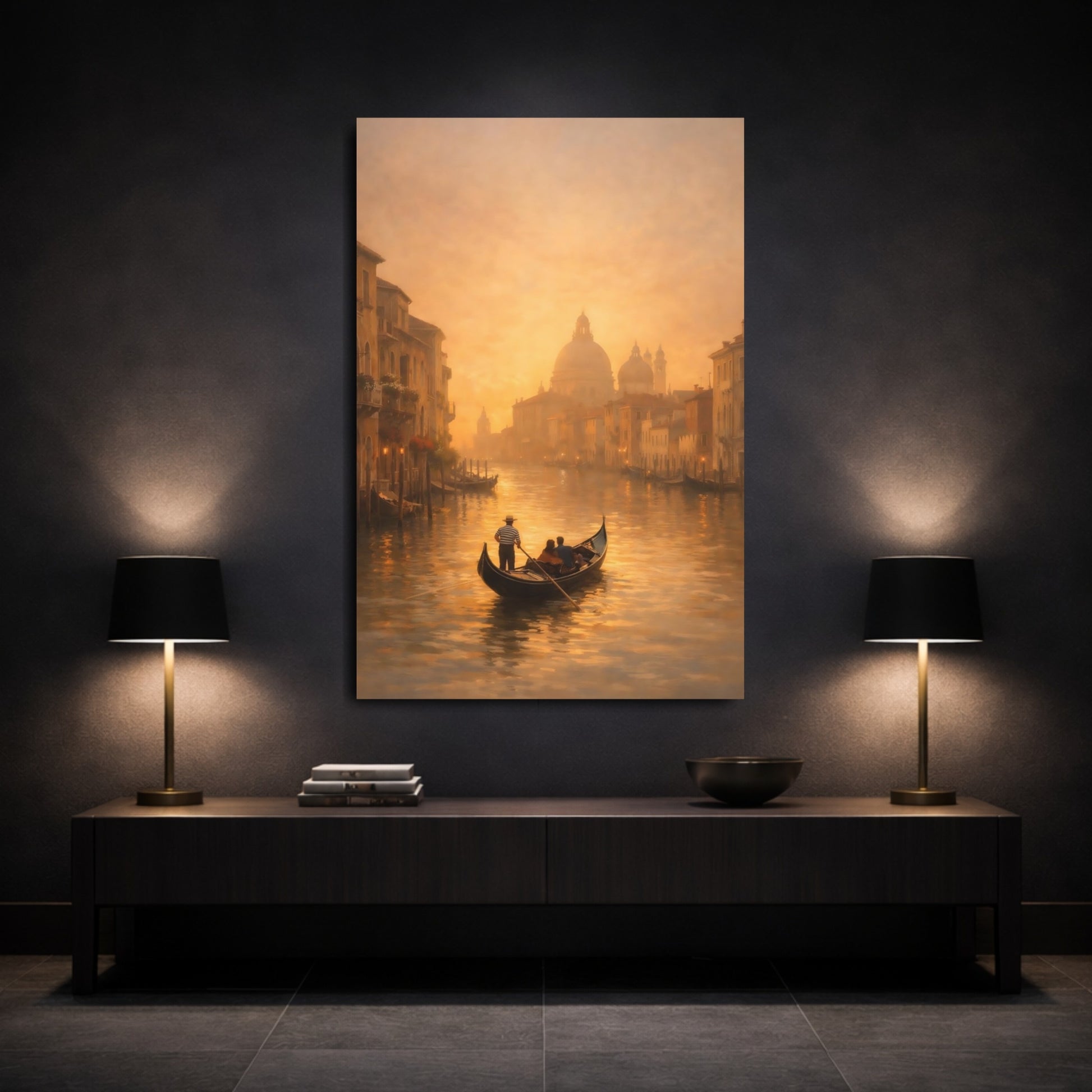 Vintage Gondola Golden Venice shown as front canvas room wall art