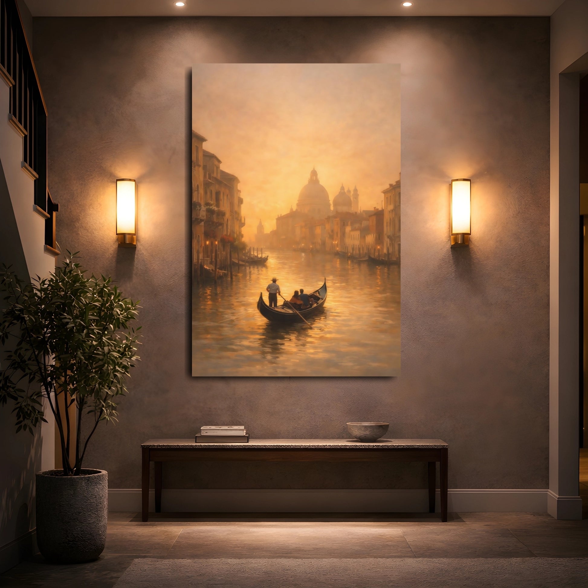 Vintage Gondola Golden Venice shown as front canvas room wall art