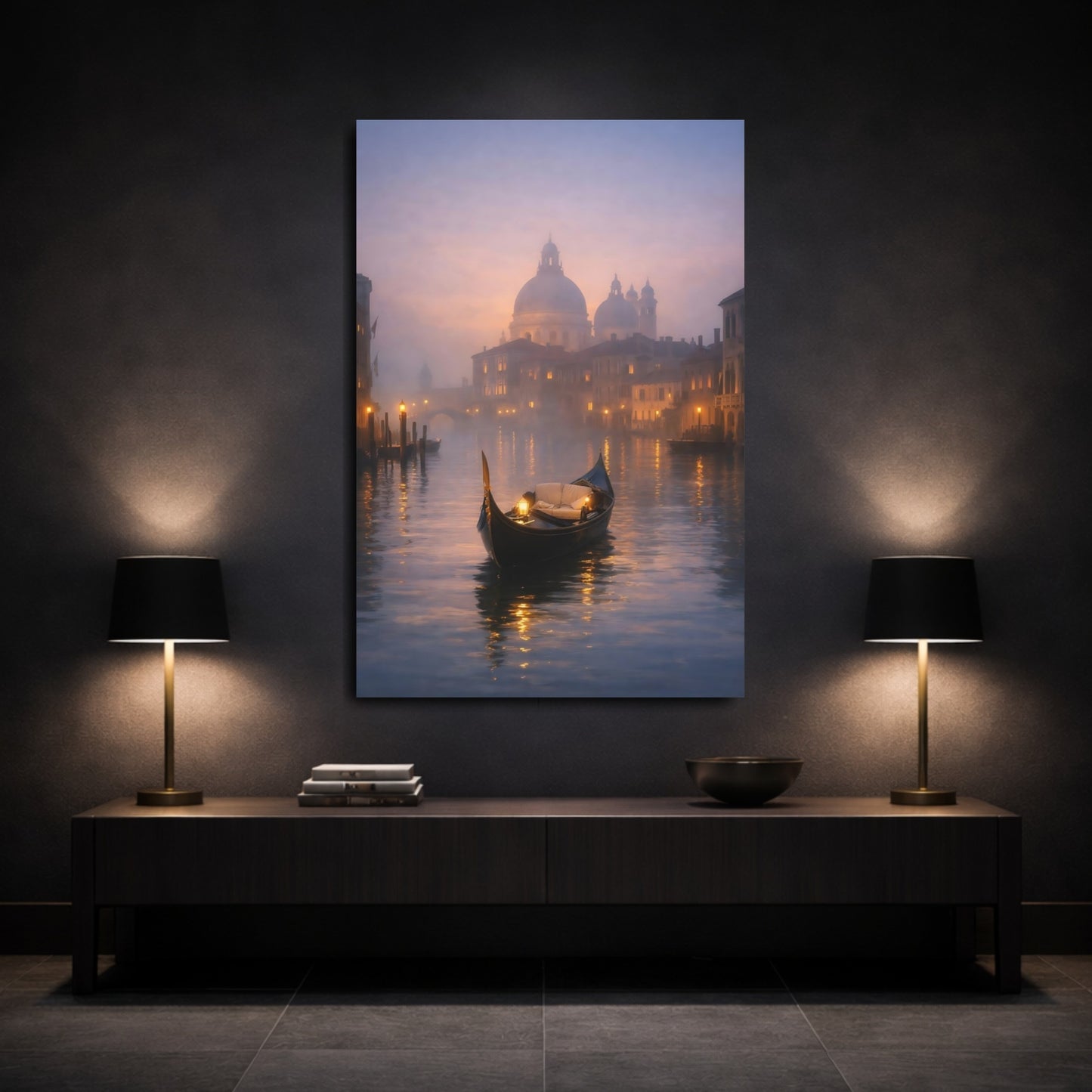 Mockup 2. Vintage Gondola Misty Venice shown as stretched canvas wall art