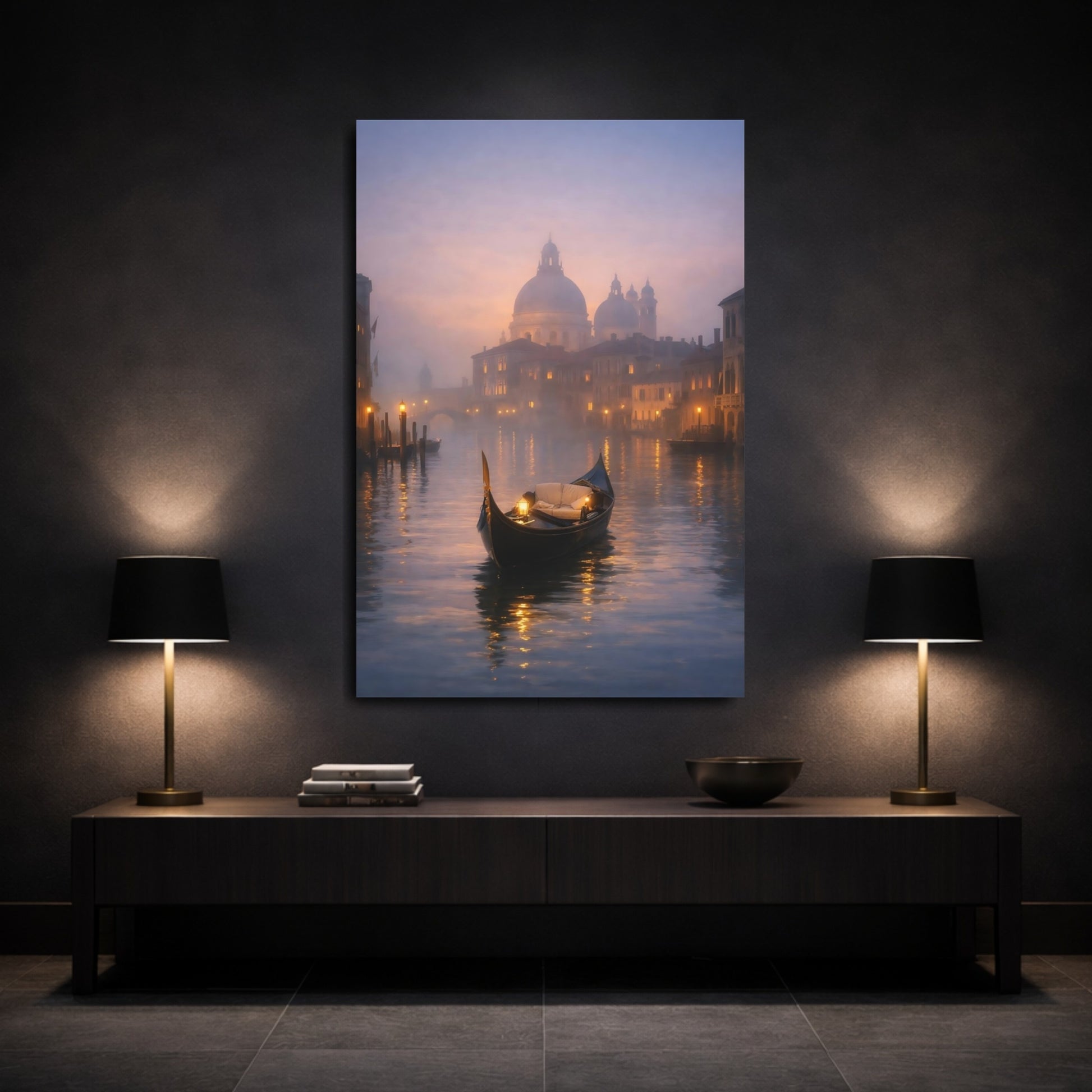 Mockup 2. Vintage Gondola Misty Venice shown as stretched canvas wall art