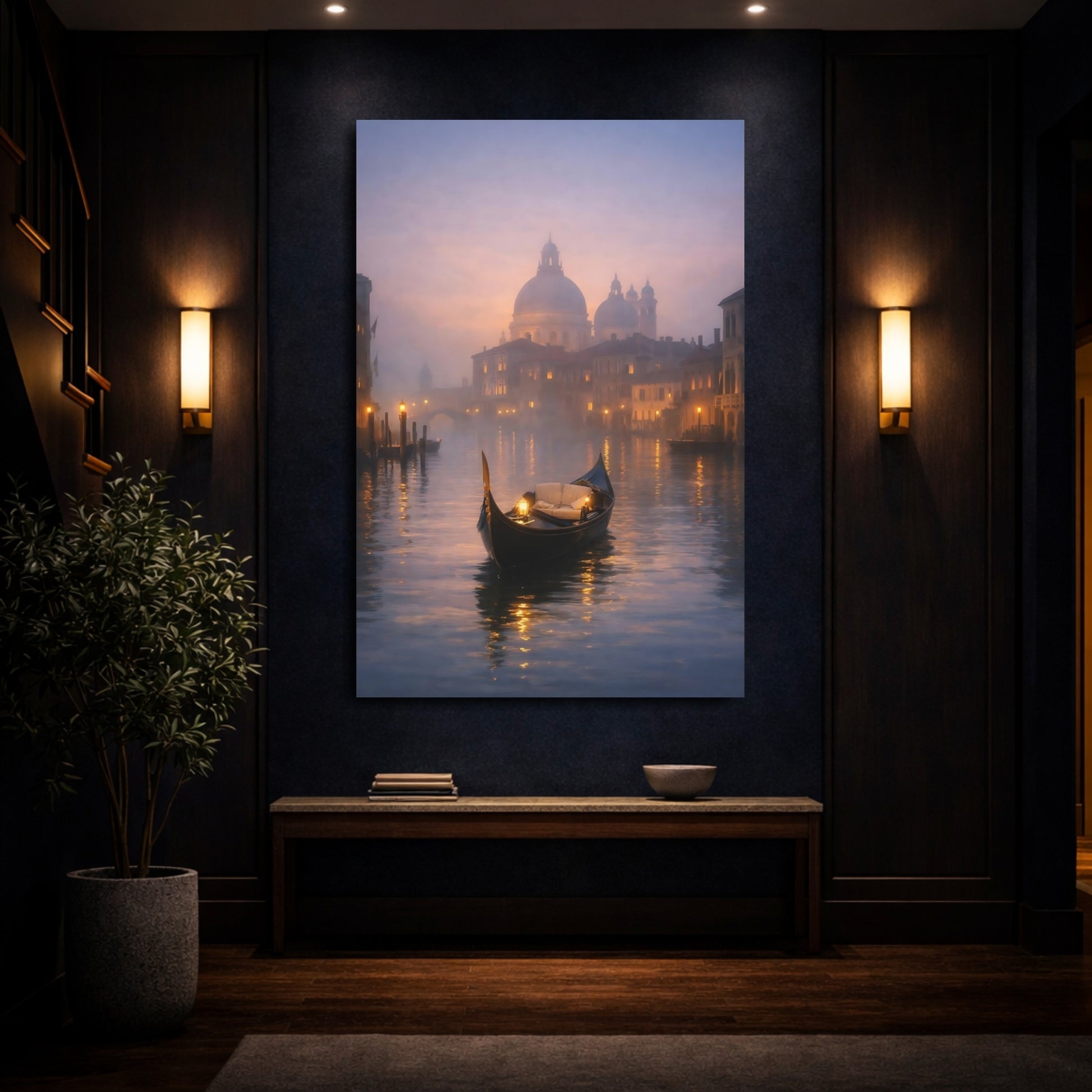 Mockup 3. Vintage Gondola Misty Venice shown as stretched canvas wall art