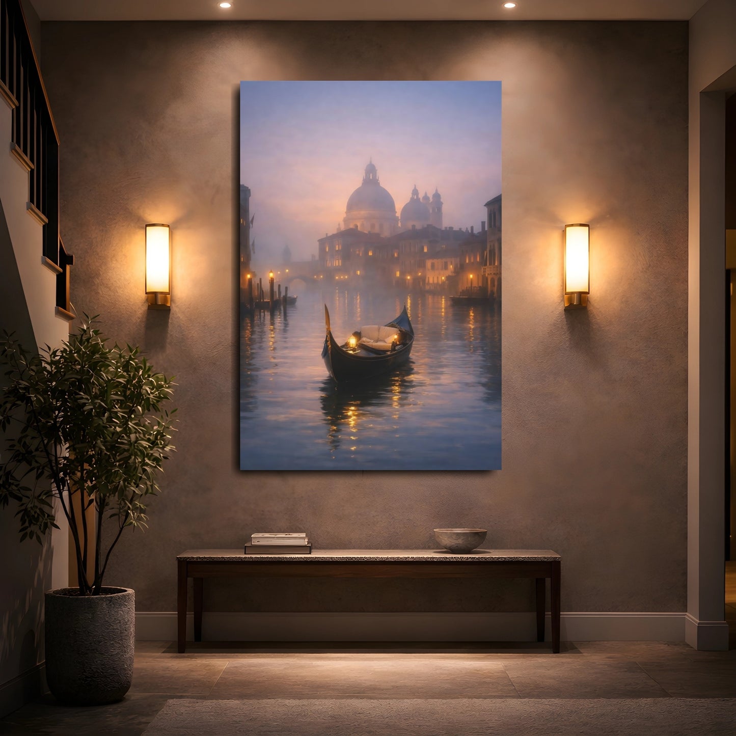Mockup 4. Vintage Gondola Misty Venice shown as stretched canvas wall art