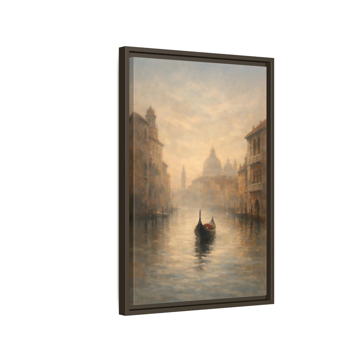 Side Mockup 2. Vintage Gondola Misty Venice Scene shown as stretched canvas wall art