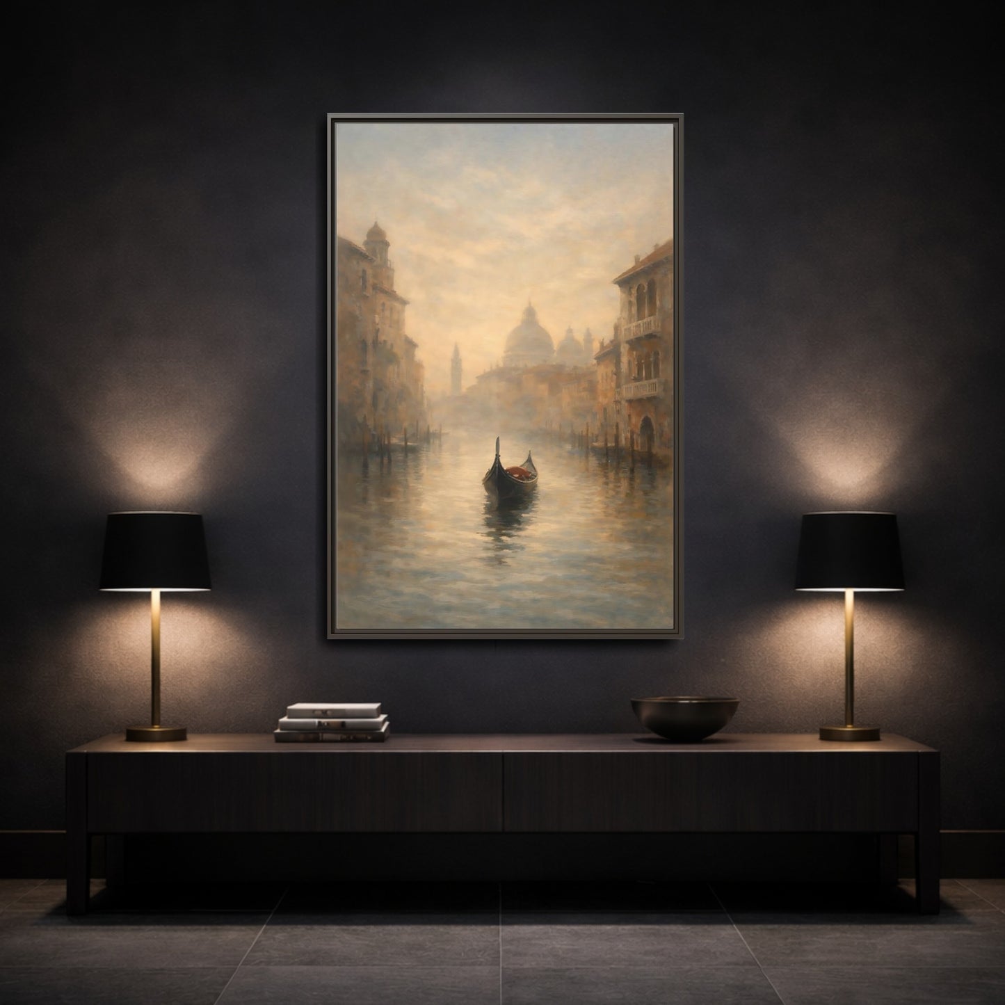 Mockup 2. Vintage Gondola Misty Venice Scene shown as stretched canvas wall art