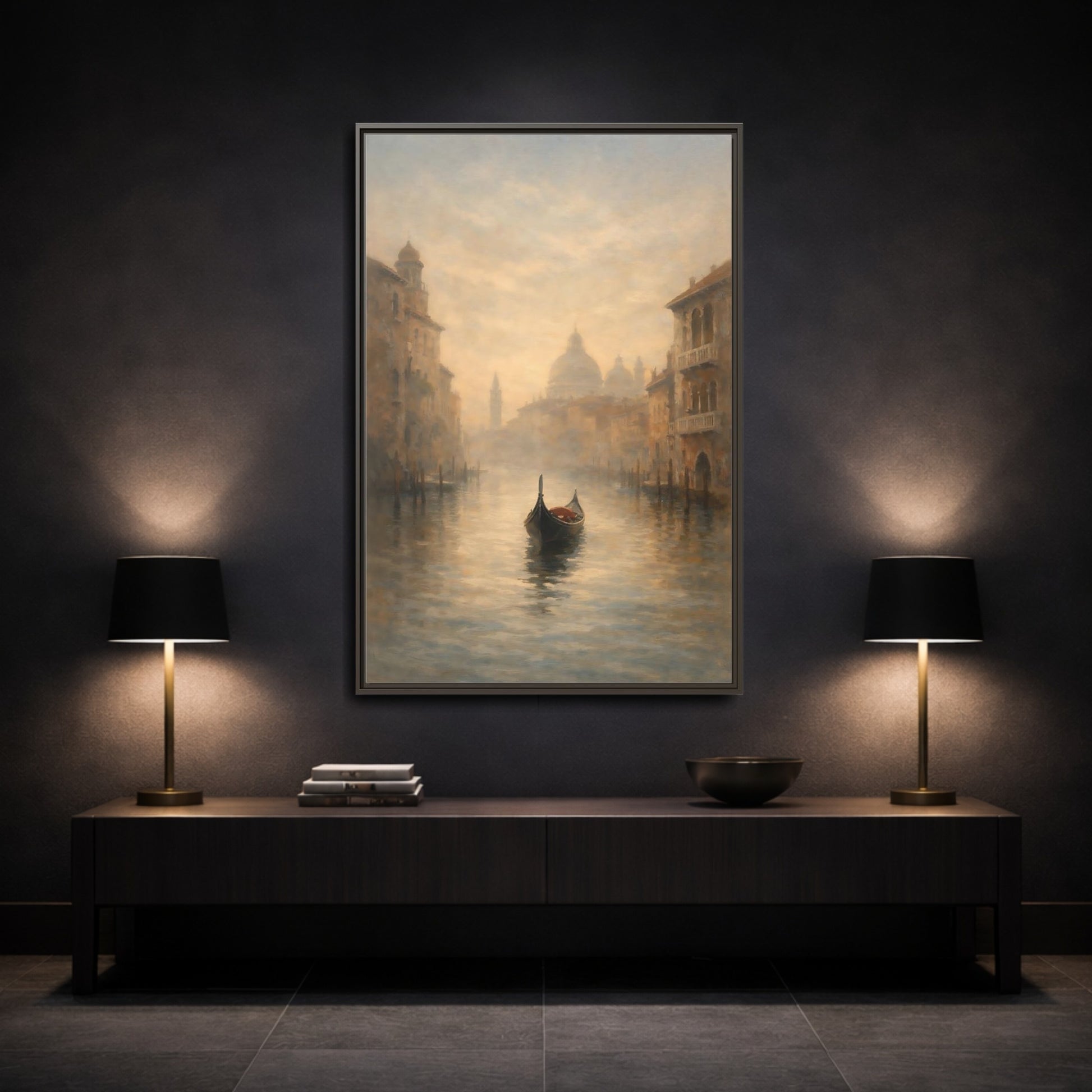Mockup 2. Vintage Gondola Misty Venice Scene shown as stretched canvas wall art